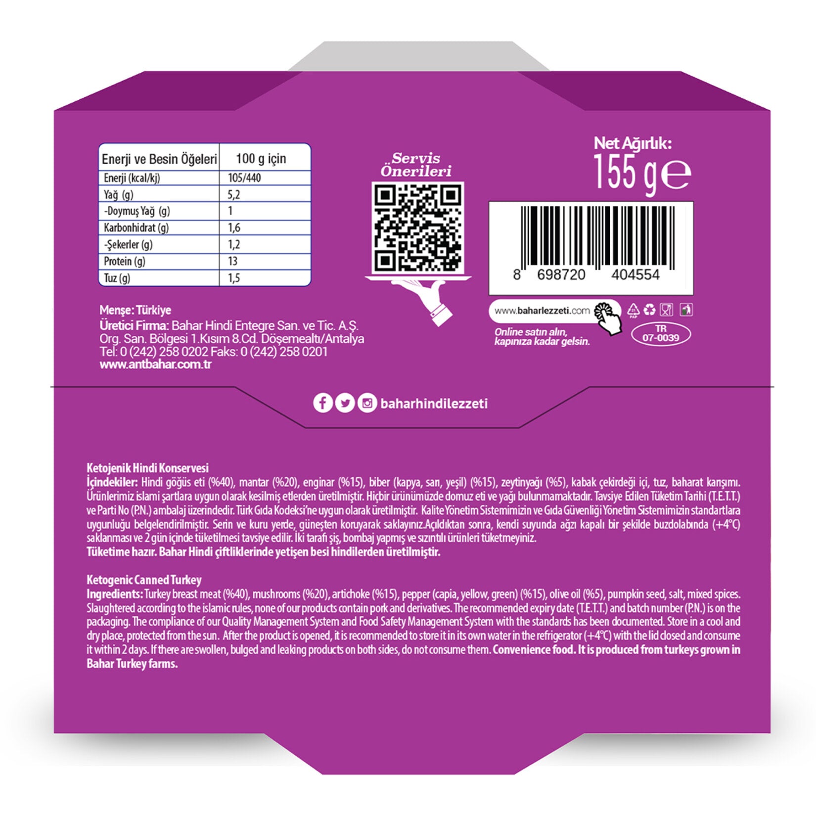 Ant Bahar Ketogenic Turkey with Vegetables is a wholesome ready-to-eat meal made with 40% cooked tur