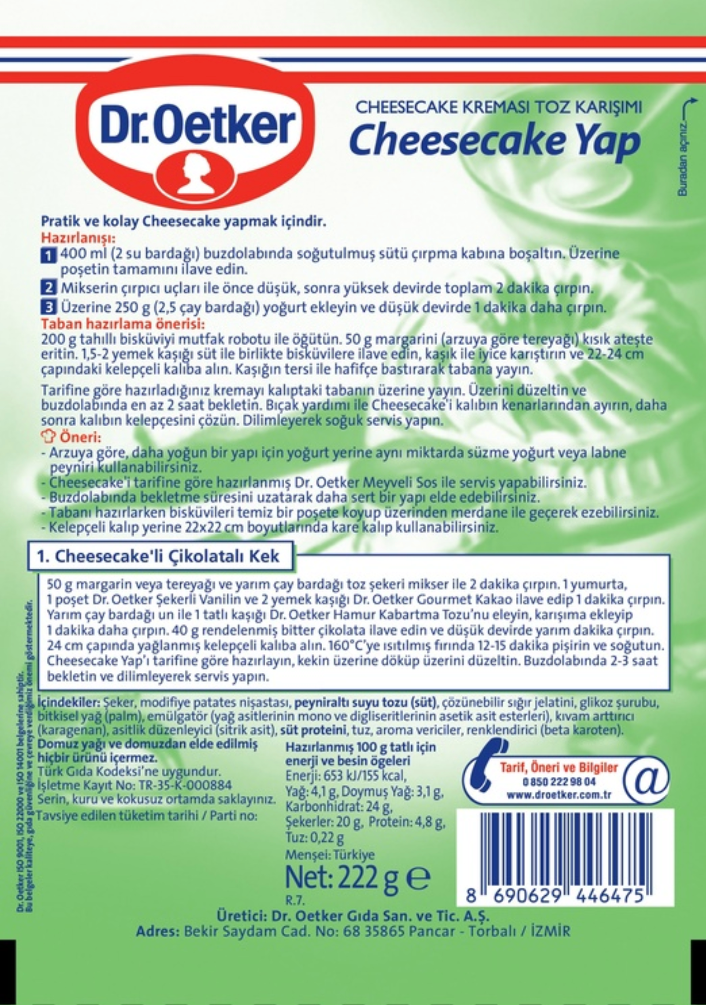 Dr. Oetker cheesecake mix packaging with ingredients and how to prepare from the back side of the product package