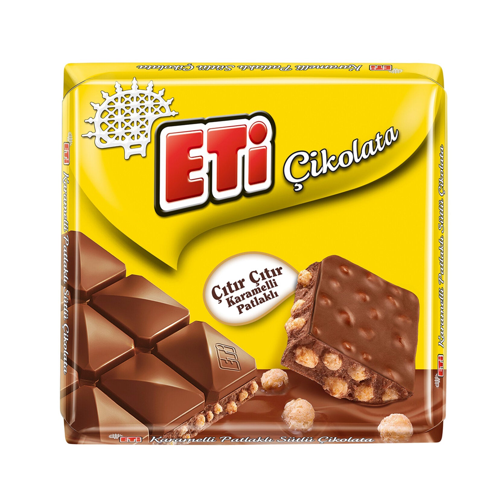 Eti Karamelli Patlakli Milk Chocolate Bar brings together smooth milk chocolate and crunchy caramel-