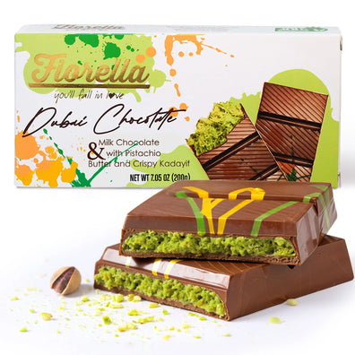 Fiorella Dubai Chocolate – Milk Chocolate with Buttered Crispy Kadayif and Pistachio Filling (200g) in Luxury Packaging