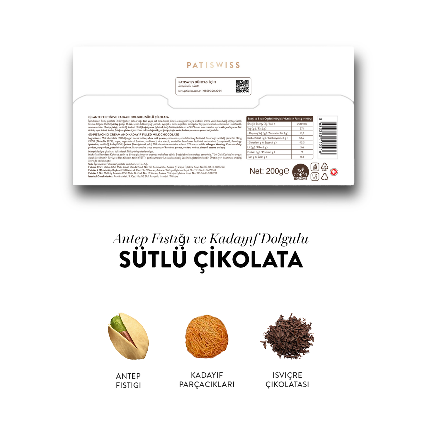 Juva Pistachio and Kadayif Dubai Chocolate 7.05 oz ( 200g ) - Back Side of the Package of Patiswiss Juva Dubai Chocolate