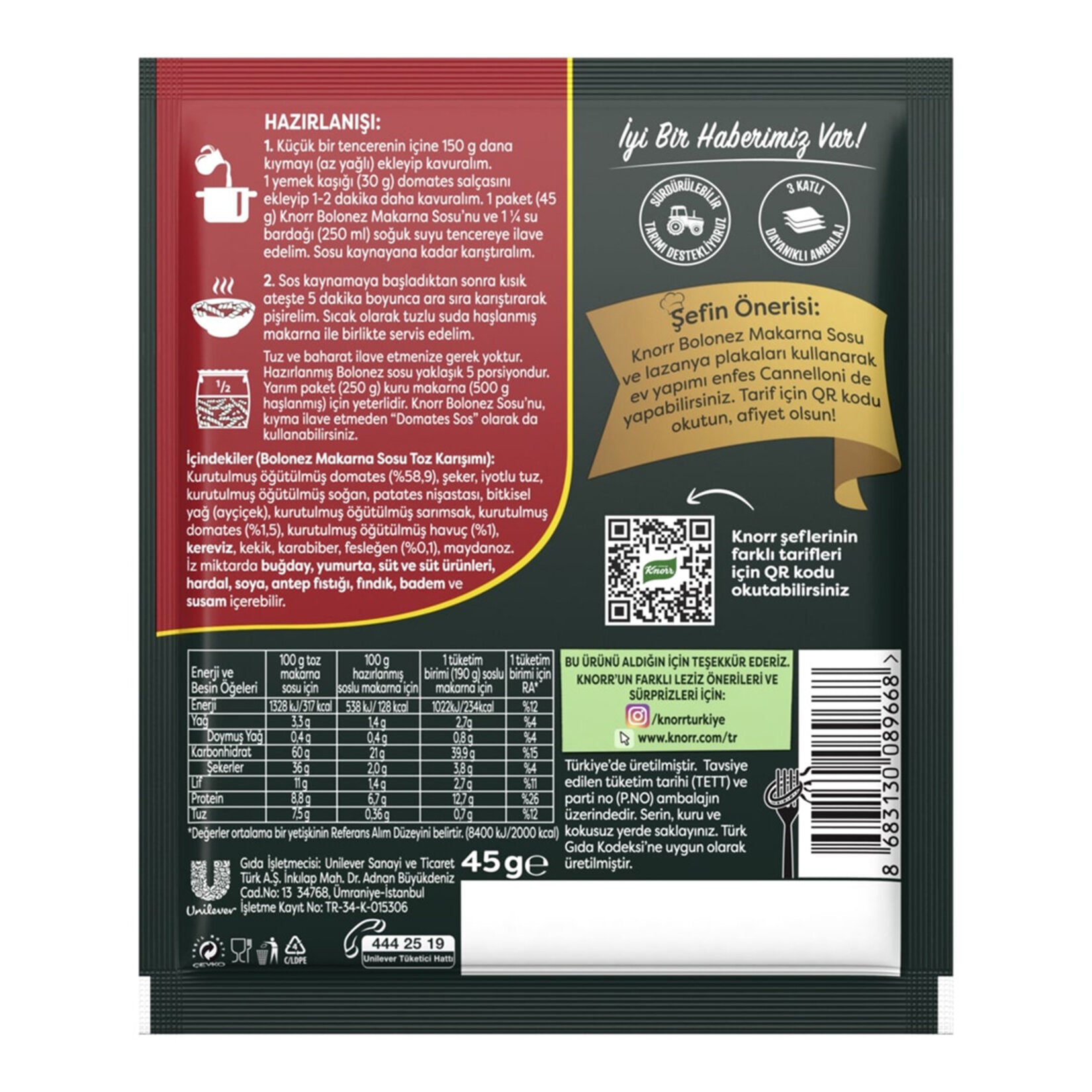 Knorr Italian Style Tomato Bolognese Pasta Sauce (Bolonez Makarna Sosu) 45 G