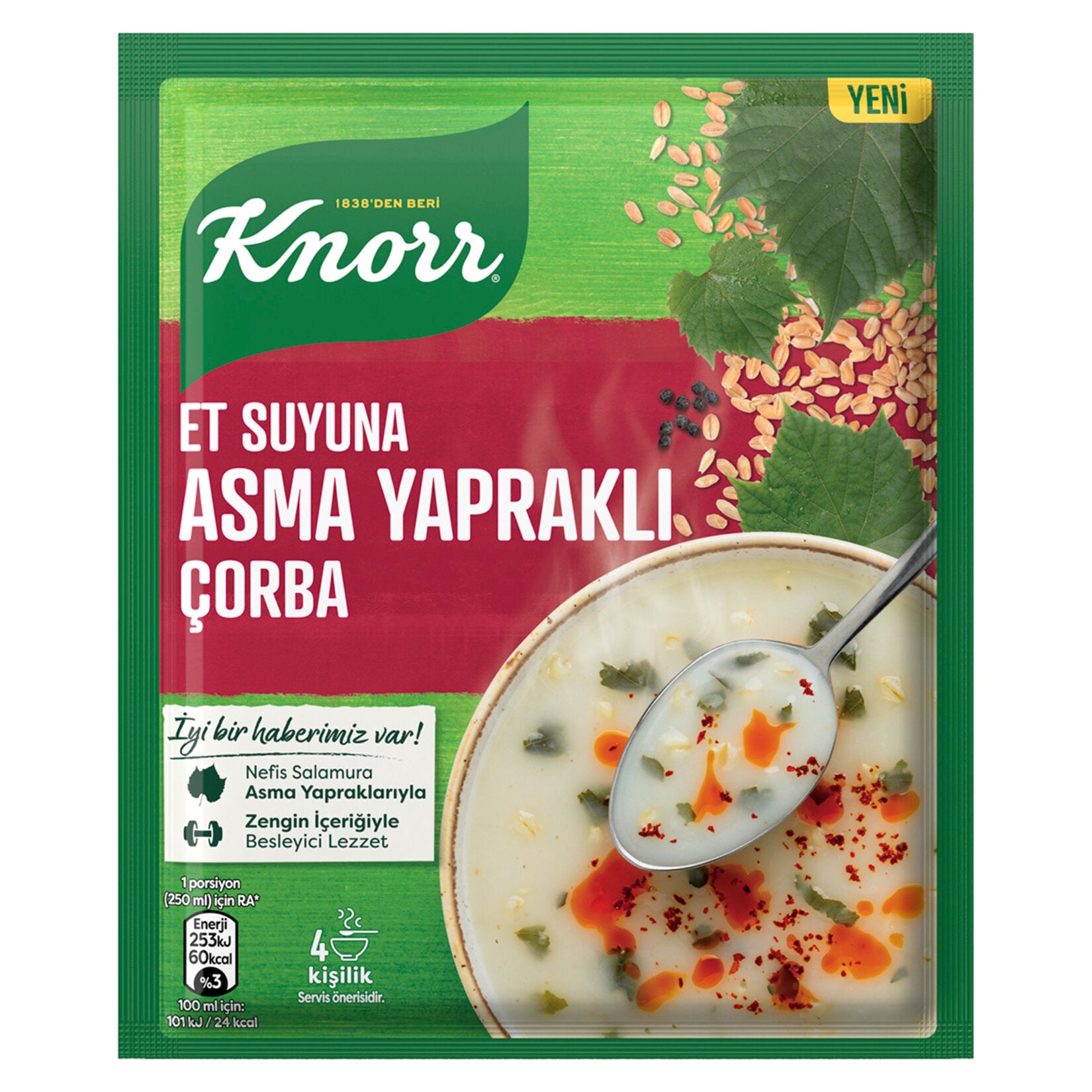Knorr soup package with a bowl of soup and spoon on a green background