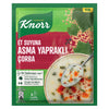 Knorr soup package with a bowl of soup and spoon on a green background