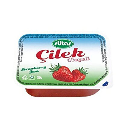 A small 20 grams package of Sutas strawberry jam with 'Sutas Cilek Receli' branding on a white background
