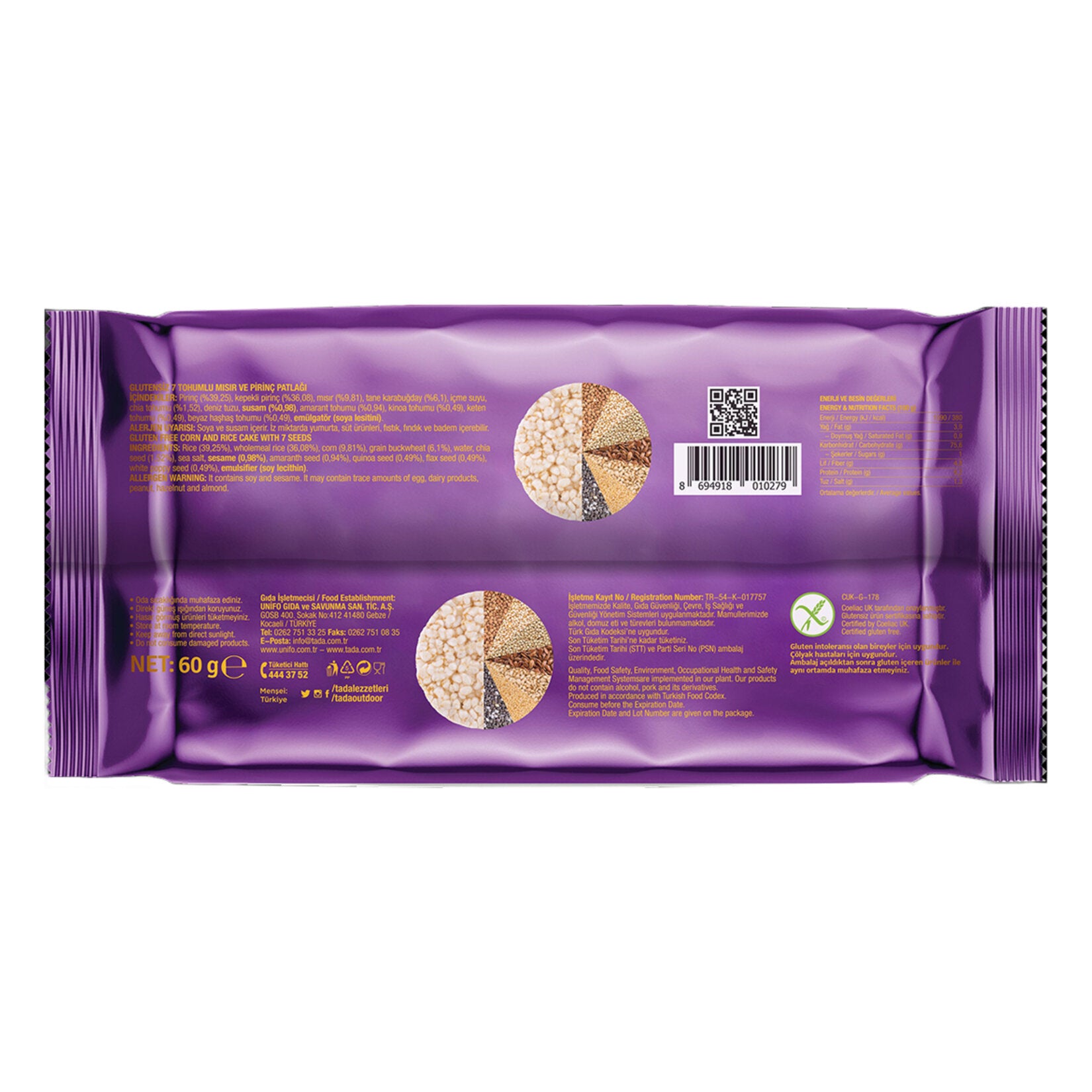 Discover the wholesome crunch of Tada 7 Seed Corn & Rice Cake, a gluten-free snack made with a nutri