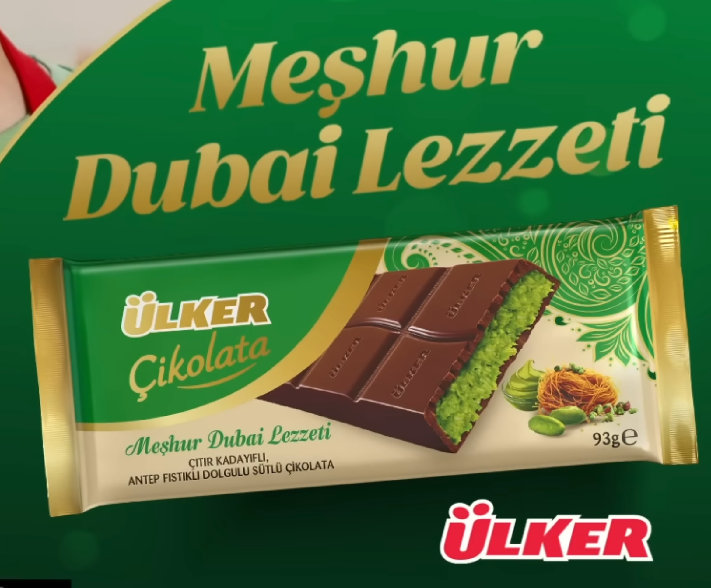 Unwrapped Ulker Dubai Chocolate Kadayif Kunafa Pistachio bar showing the rich milk chocolate coating