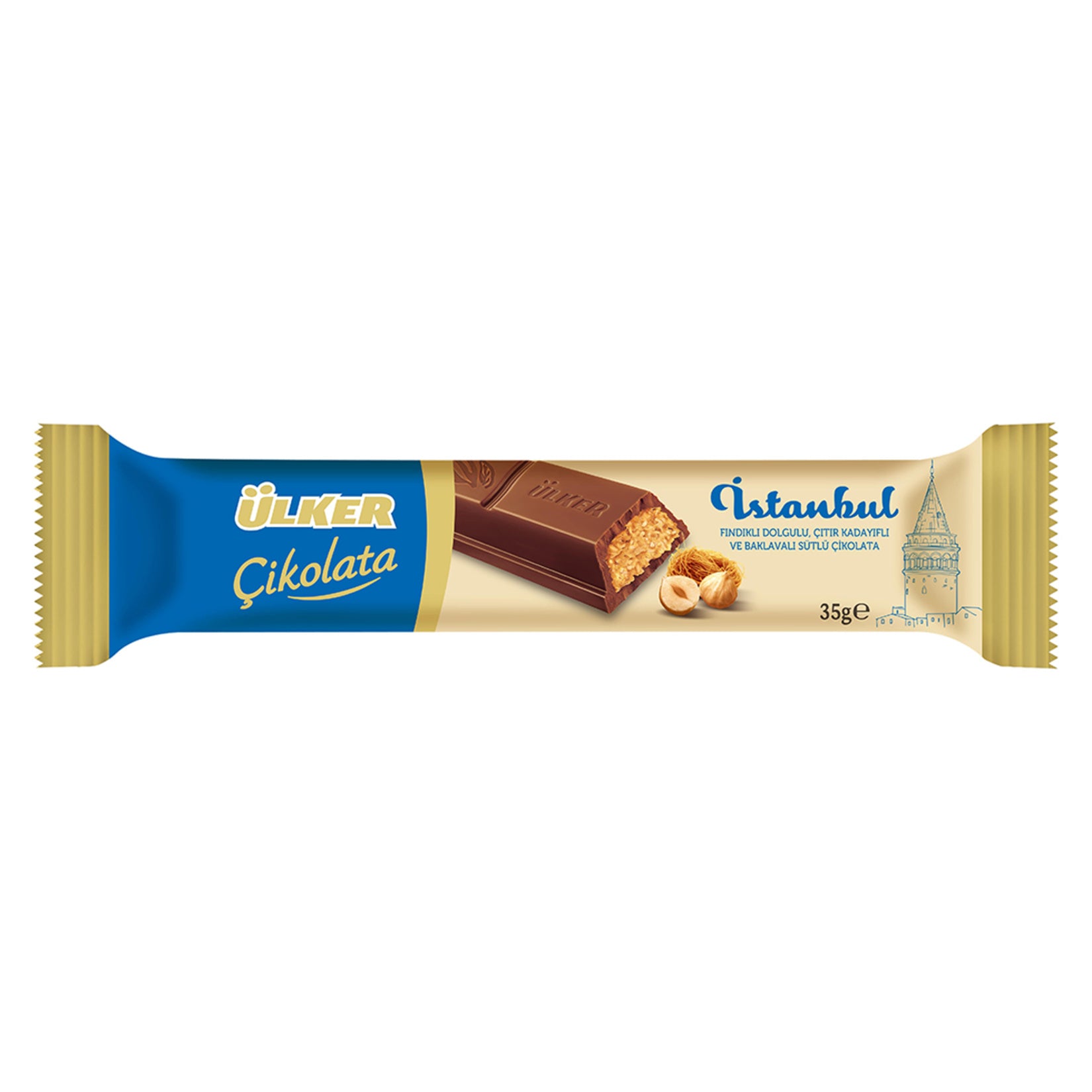 Experience the rich taste of Ulker Cikolata Istanbul Hazelnut & Crispy Kadaifi Milk Chocolate, a uni