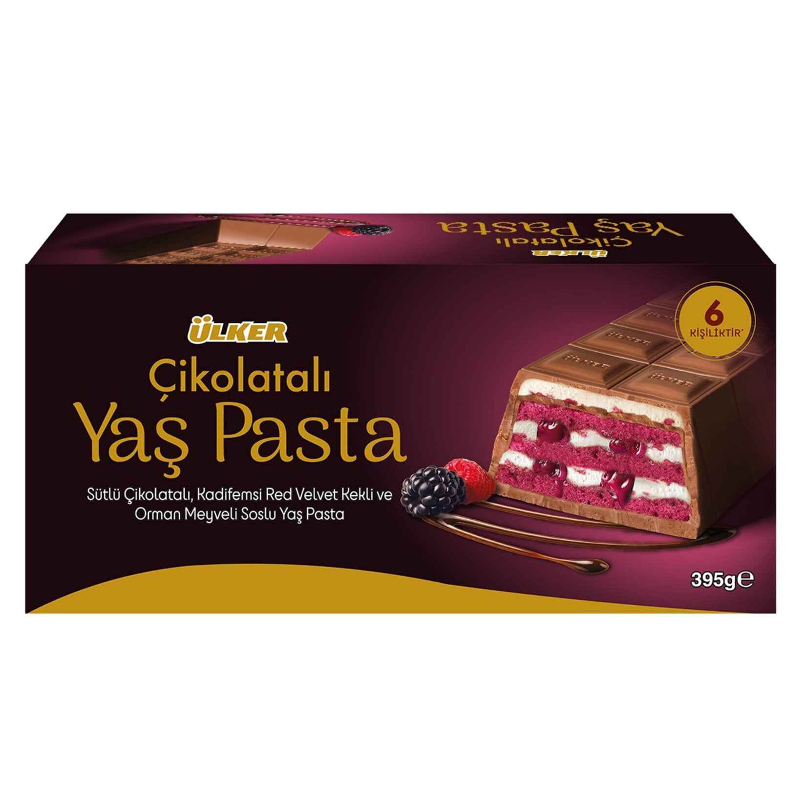 Box of Ülker Chocolate Yas Pasta with a slice of cake on a white background. Ulker Milk Chocolate Cake with Velvety Red Velvet Base and Forest Berry Sauce – 13.9 oz (395 G)