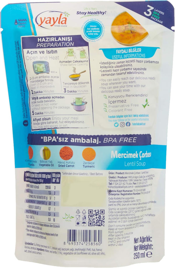 Yayla Red Lentil Mercimek Soup 8.8 oz (250 g)- Traditional Turkish Mercimek Soup - Back Side of Package