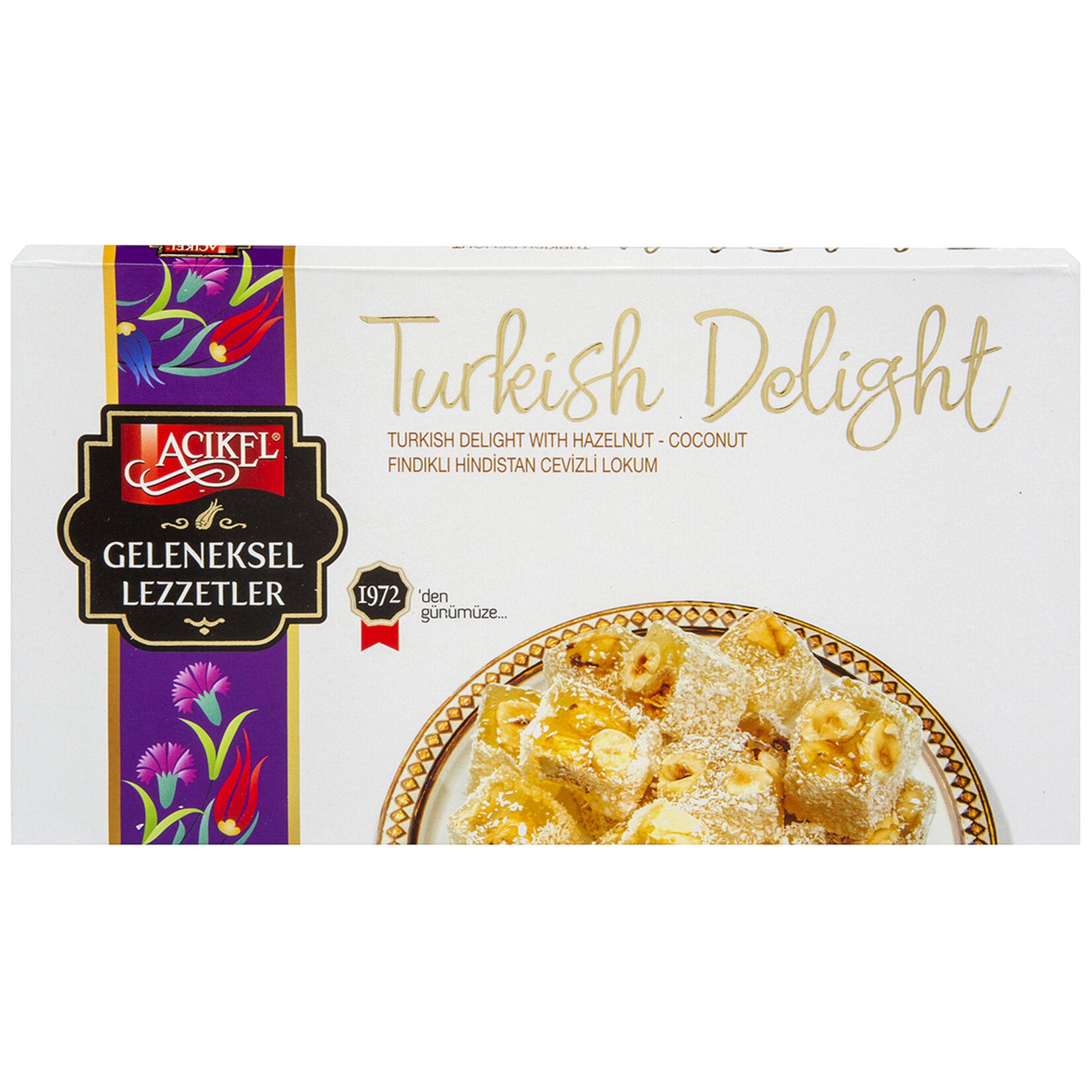 Experience the rich, traditional taste of Acikel Hazelnut Coconut Turkish Delight, a delightful treat made in Türkiye with premium ingredients.