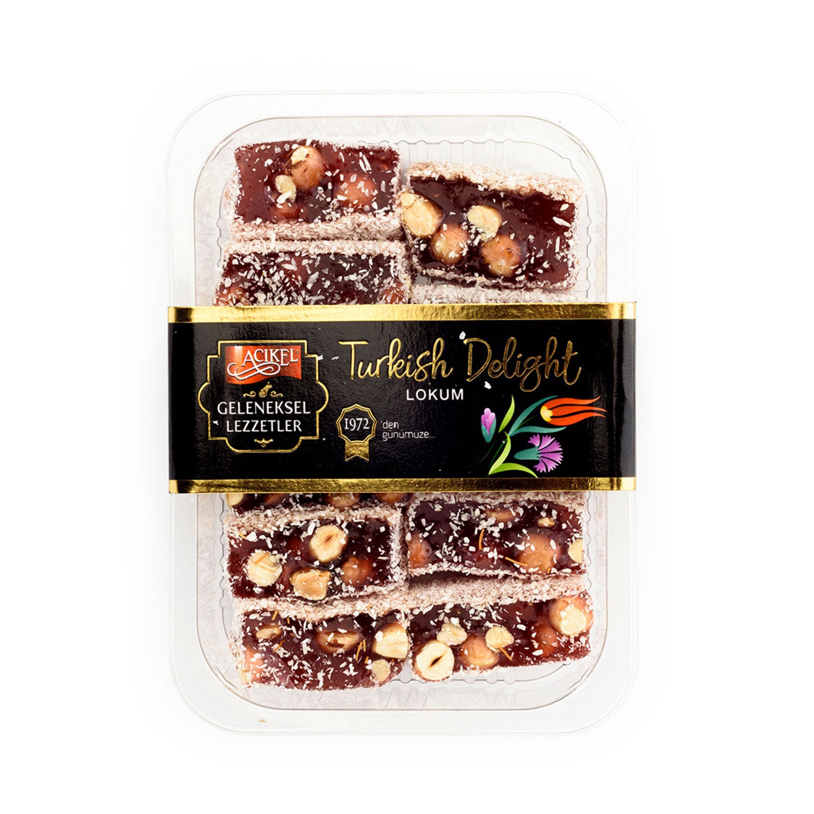 Experience the rich and fruity taste of Acikel Pomegranate Flavored Turkish Delight with Hazelnuts, a classic treat from Türkiye.