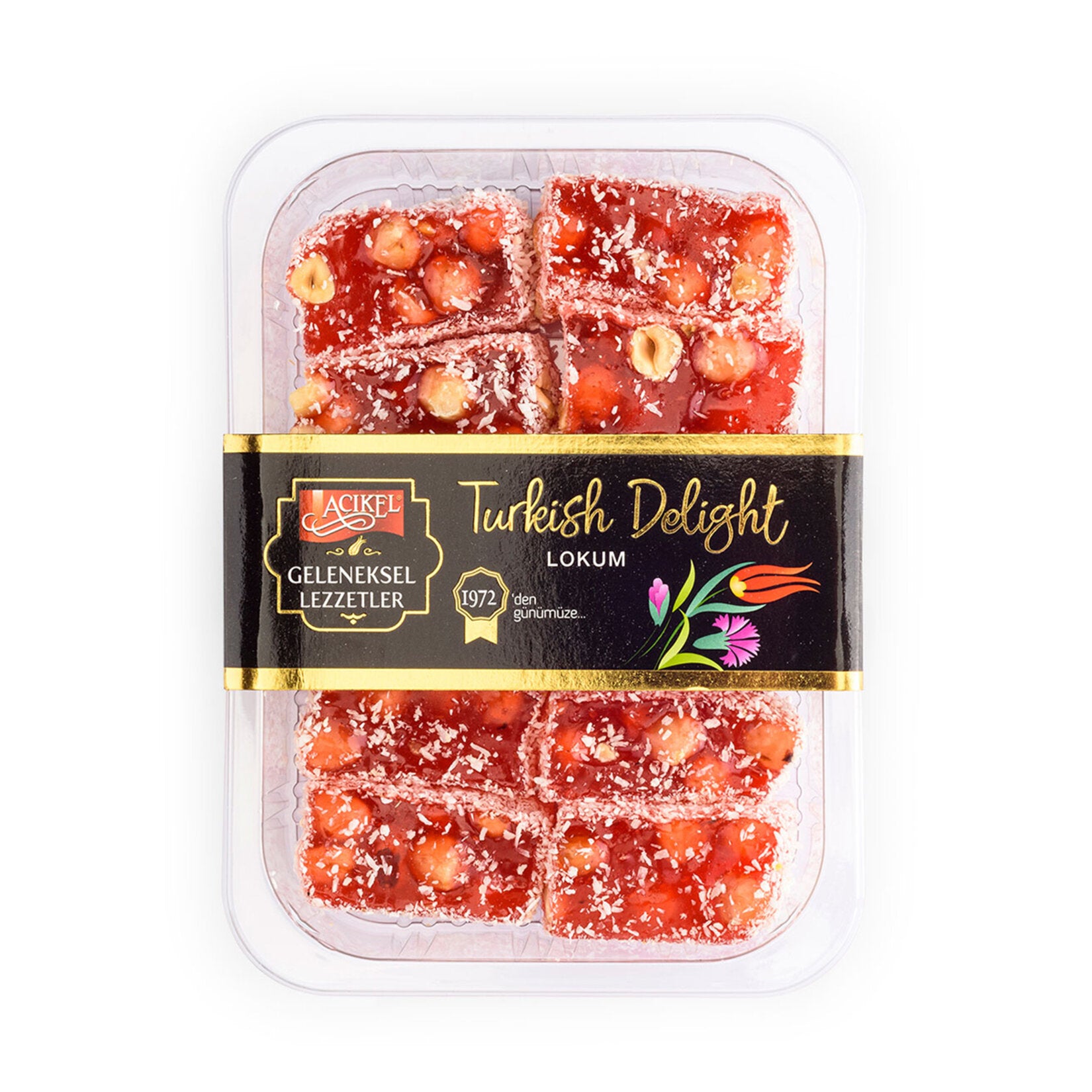 Experience the sweet and nutty flavors of Acikel Strawberry Hazelnut Turkish Delight, a classic treat from Türkiye.