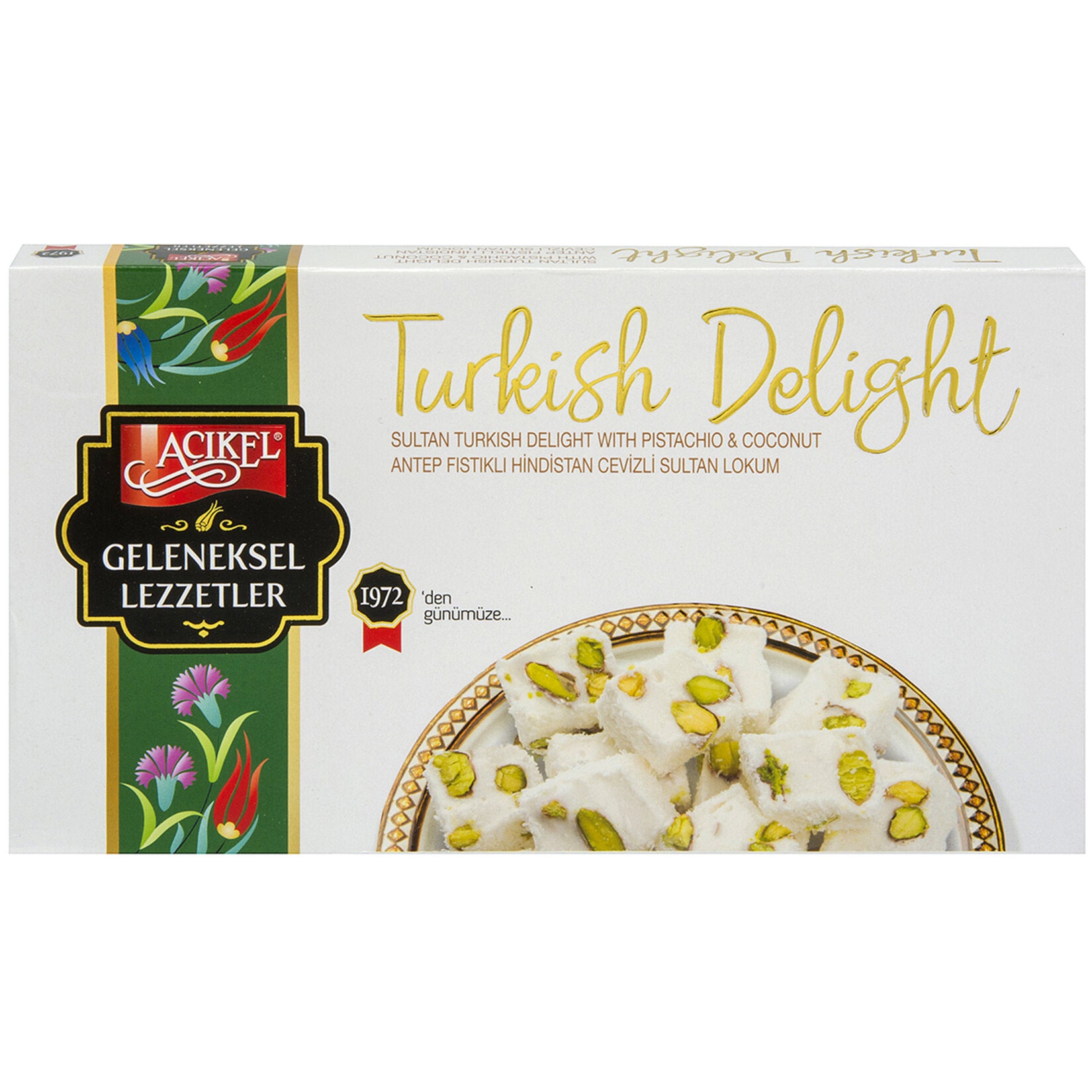 Acikel Sultan Turkish Delight with Pistachio & Coconut brings the timeless taste of traditional Turkish lokum to your home.