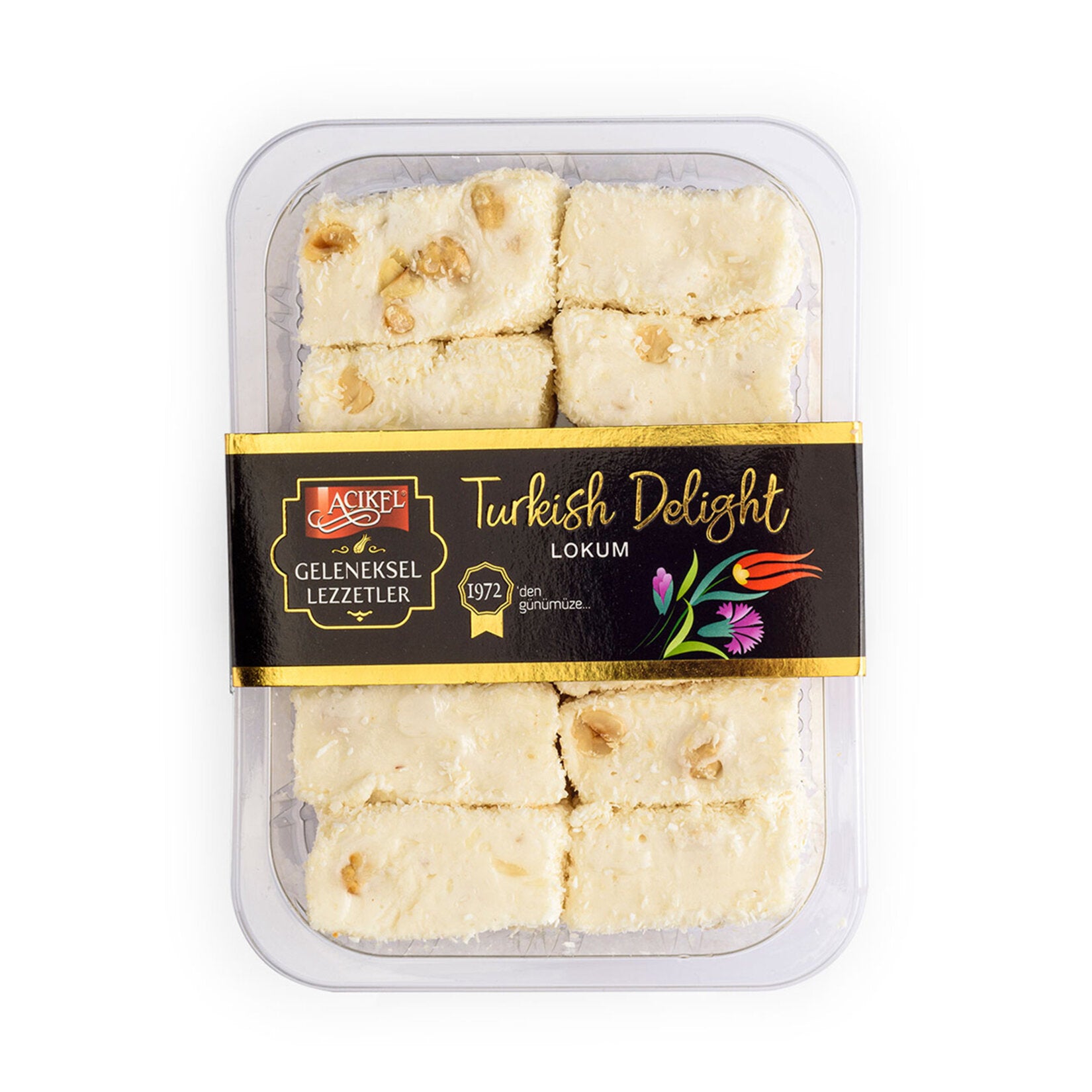 Experience the sweet charm of Acikel Vanilla Flavored Hazelnut Turkish Delight, a classic treat from Türkiye crafted with aromatic vanilla and crunchy hazelnuts.