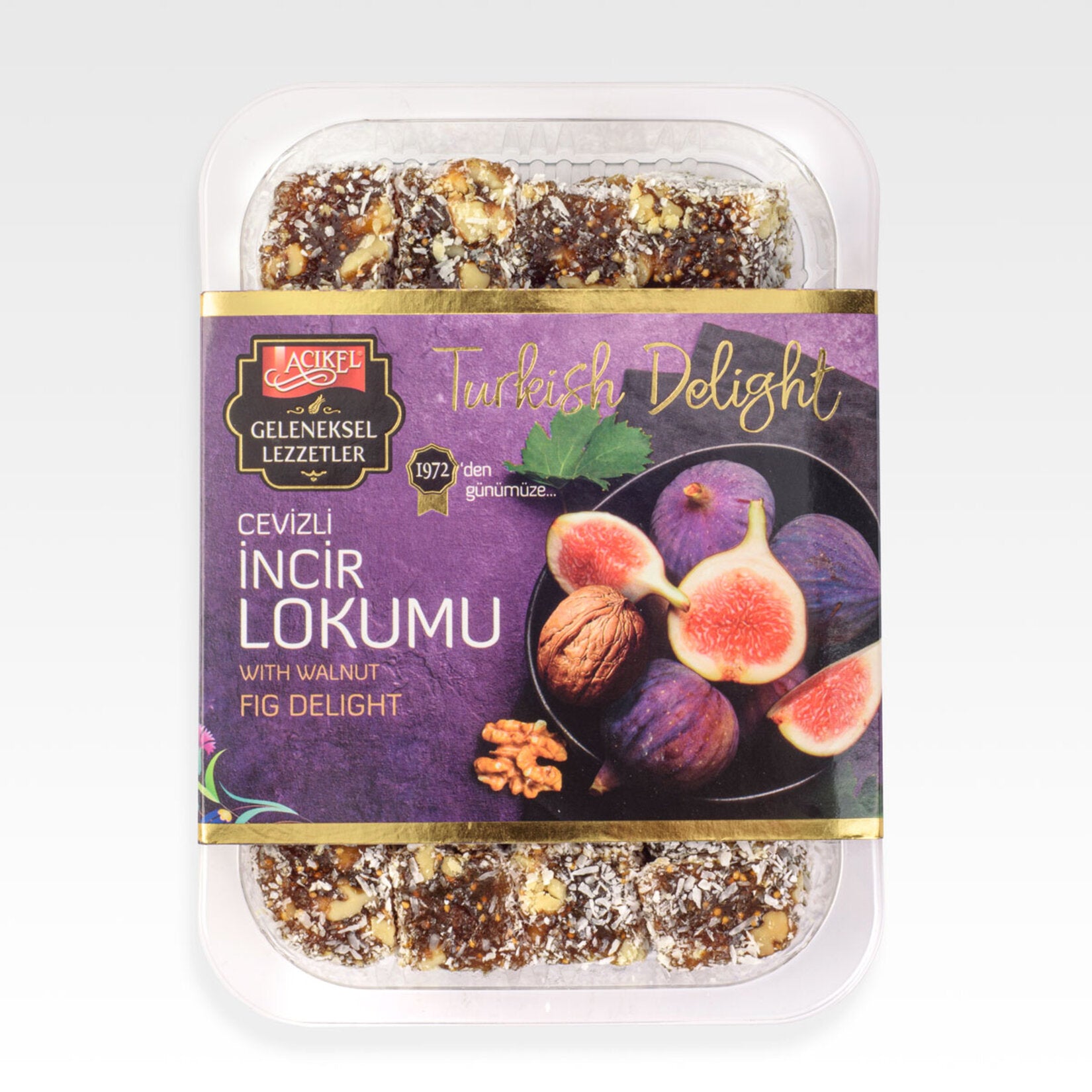 Experience the rich and naturally sweet flavor of Acikel Walnut Fig Turkish Delight, a traditional treat made with sun-dried figs and crunchy walnuts.