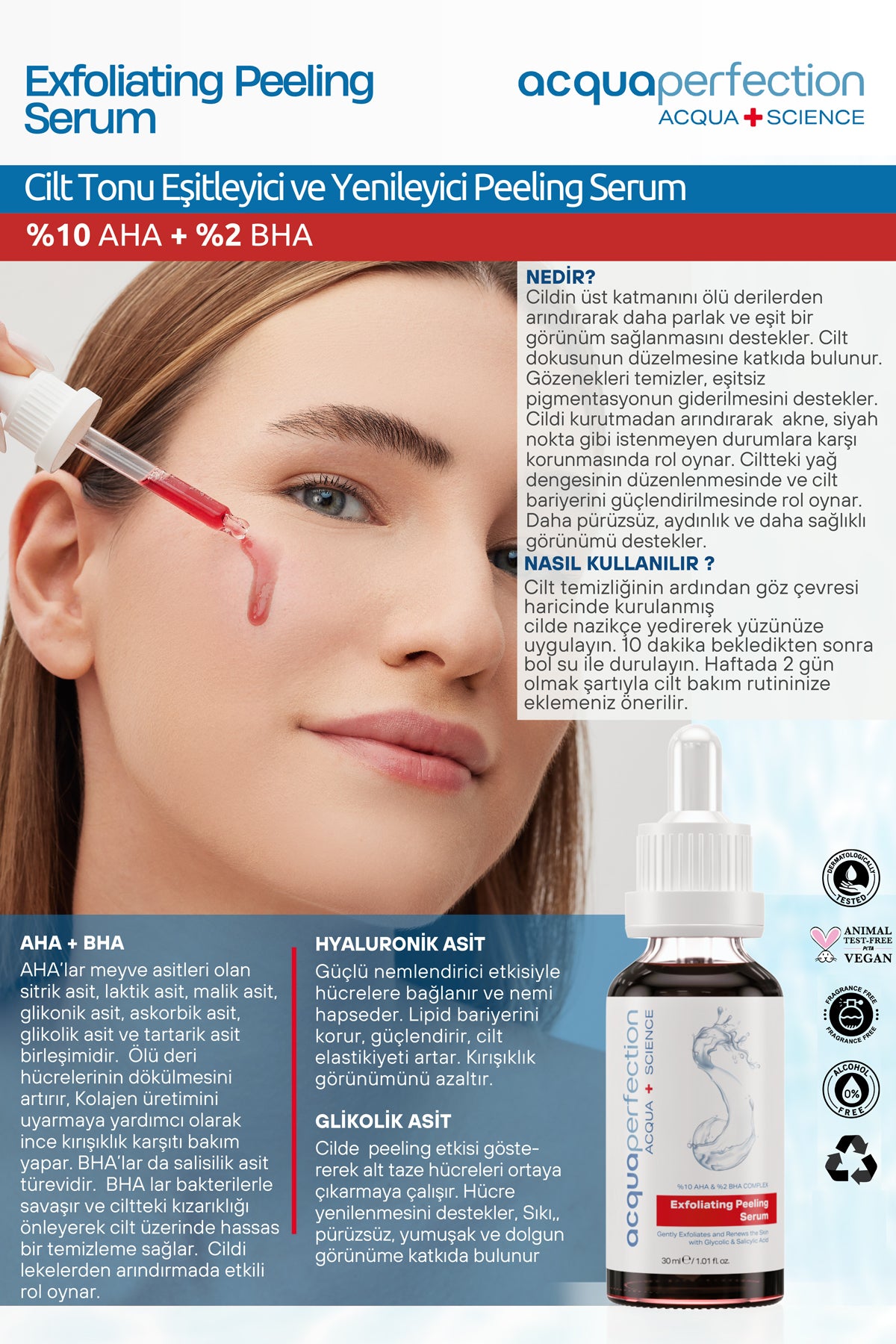 Acqua Perfection Exfoliating Red Peeling Serum 10% AHA 2% BHA is a powerful yet balanced chemical exfoliating serum designed to help improve uneven skin tone, dullness, and visible pores.