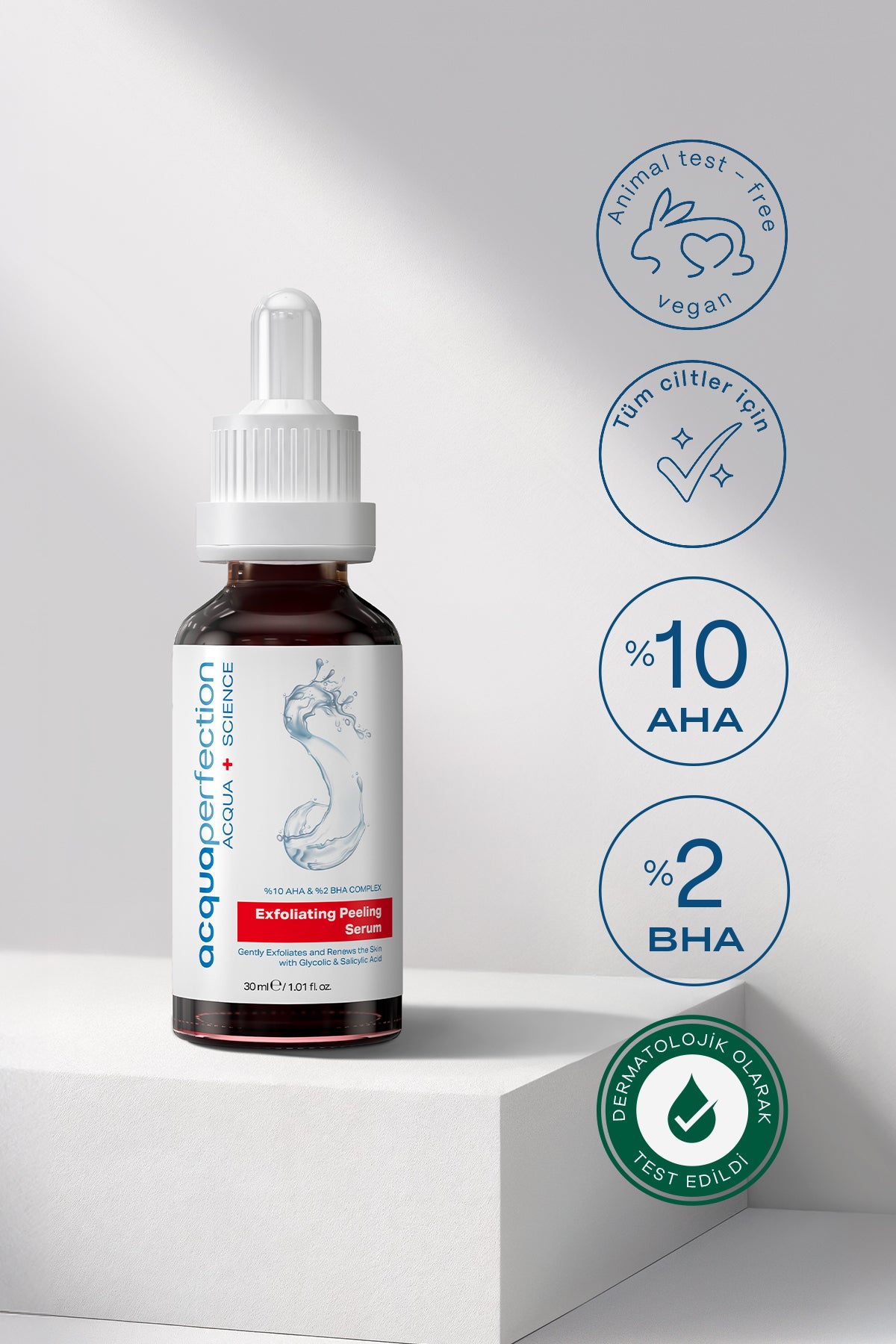Acqua Perfection Exfoliating Red Peeling Serum 10% AHA 2% BHA is a powerful yet balanced chemical exfoliating serum designed to help improve uneven skin tone, dullness, and visible pores.