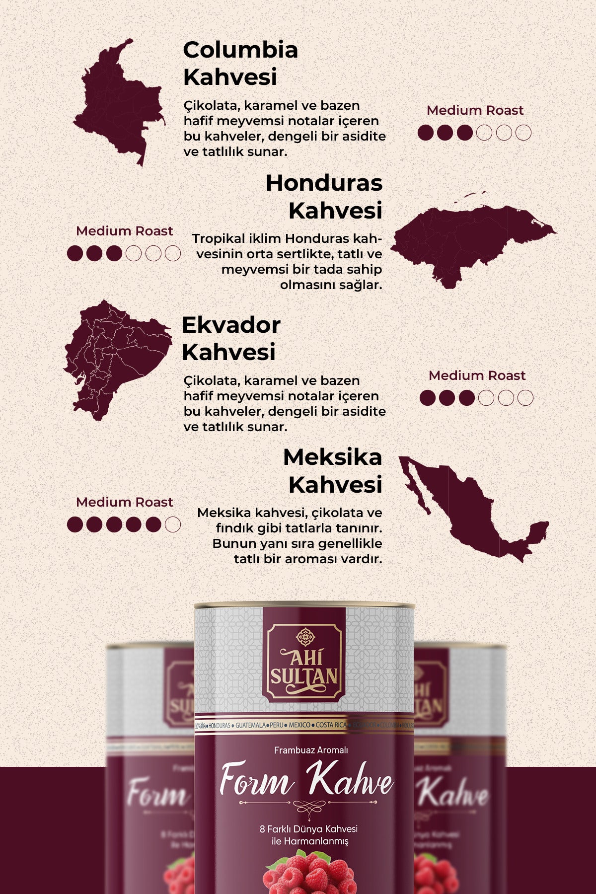Ahi Sultan Form Coffee with Raspberry brings together a special blend of 8 different coffee varieties for a rich and layered taste experience.