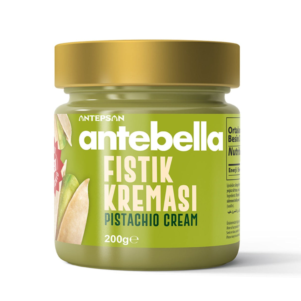 200 grams Jar of Antepsan Antebella pistachio cream on a white background