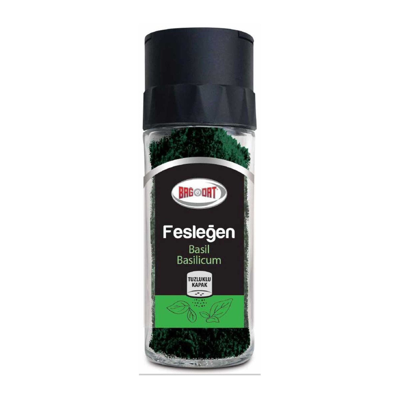 Enhance your cooking with the fresh, aromatic flavor of Bagdat Basil Spice, conveniently packed in a glass jar with a shaker cap.