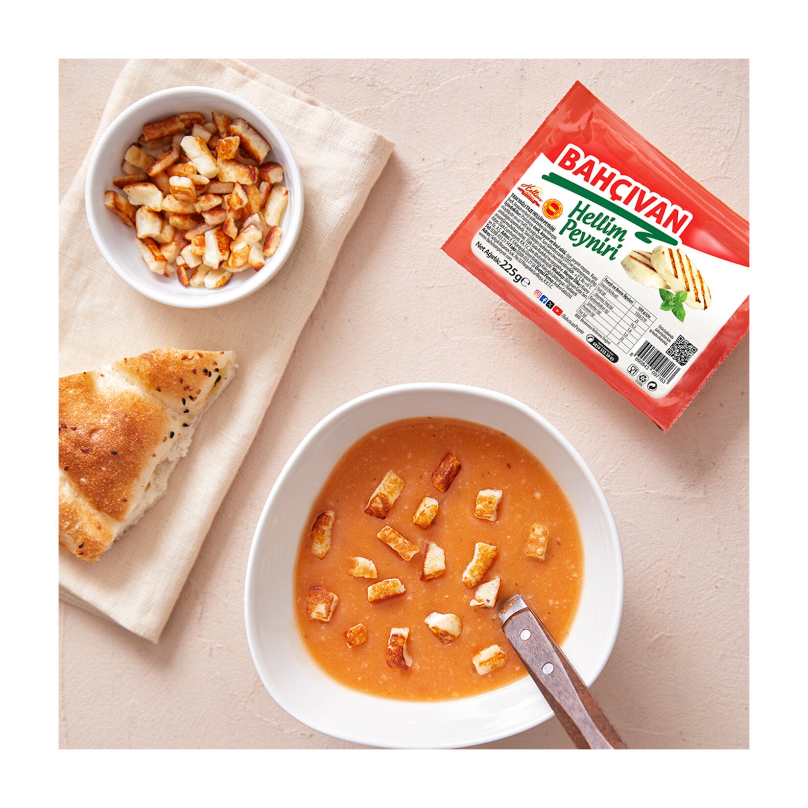 Bahçıvan Hellim Peyniri is a traditional Mediterranean-style grilling cheese made from a rich blend of pasteurized cow, sheep, and goat milk.