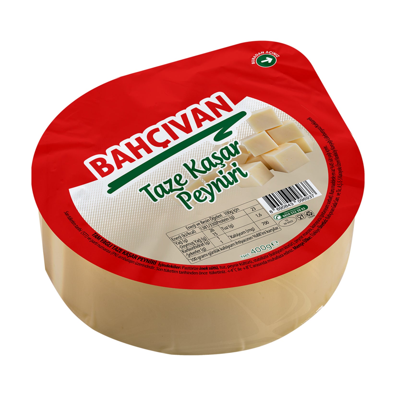 Bahçıvan Tam Yağlı Taze Kaşar Peyniri is a smooth, semi-hard Turkish cheese made from pasteurized cow’s milk.