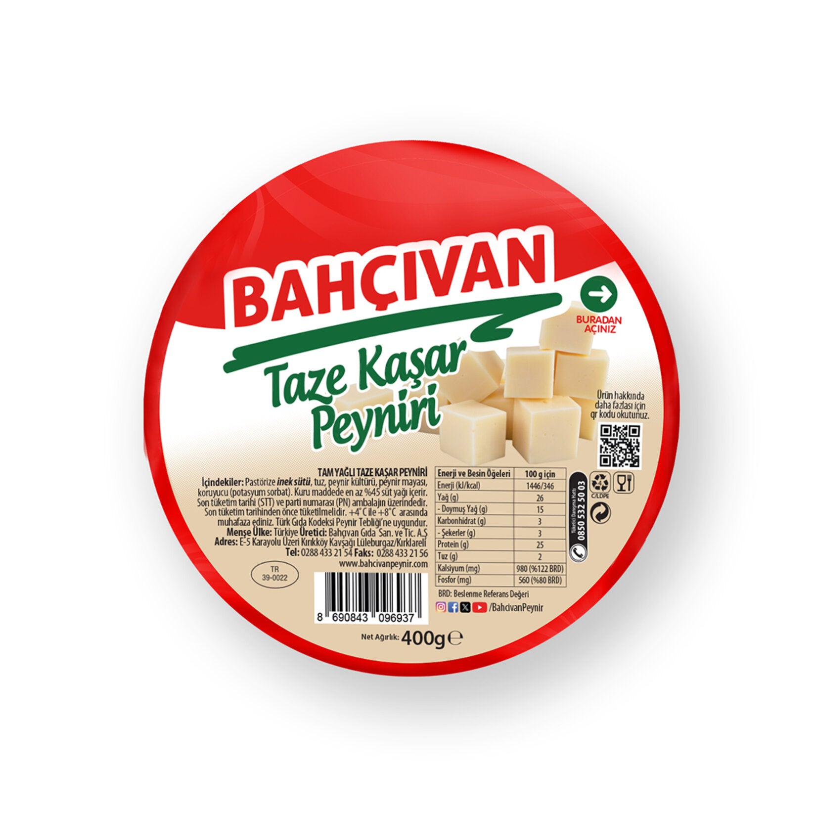 Bahçıvan Tam Yağlı Taze Kaşar Peyniri is a smooth, semi-hard Turkish cheese made from pasteurized cow’s milk.