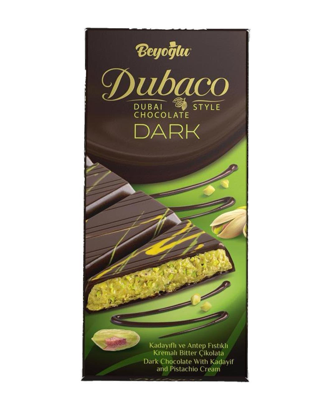 Beyoglu Dubaco dark chocolate packaging with green and brown design