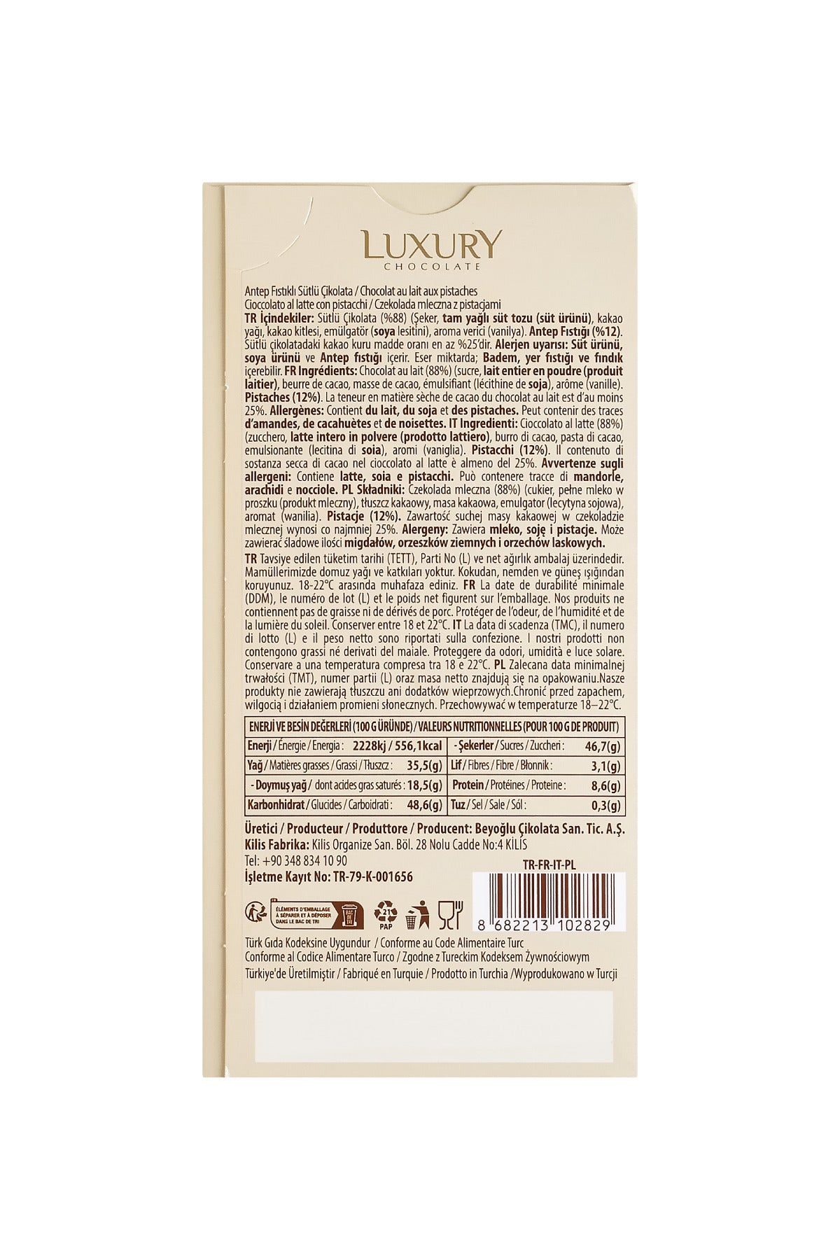 Beyoğlu Çikolata Luxury Antep Pistachio Tablet Chocolate brings together smooth milk chocolate and premium Antep pistachios for a rich, balanced flavor inspired by the confectionery traditions of Türkiye.