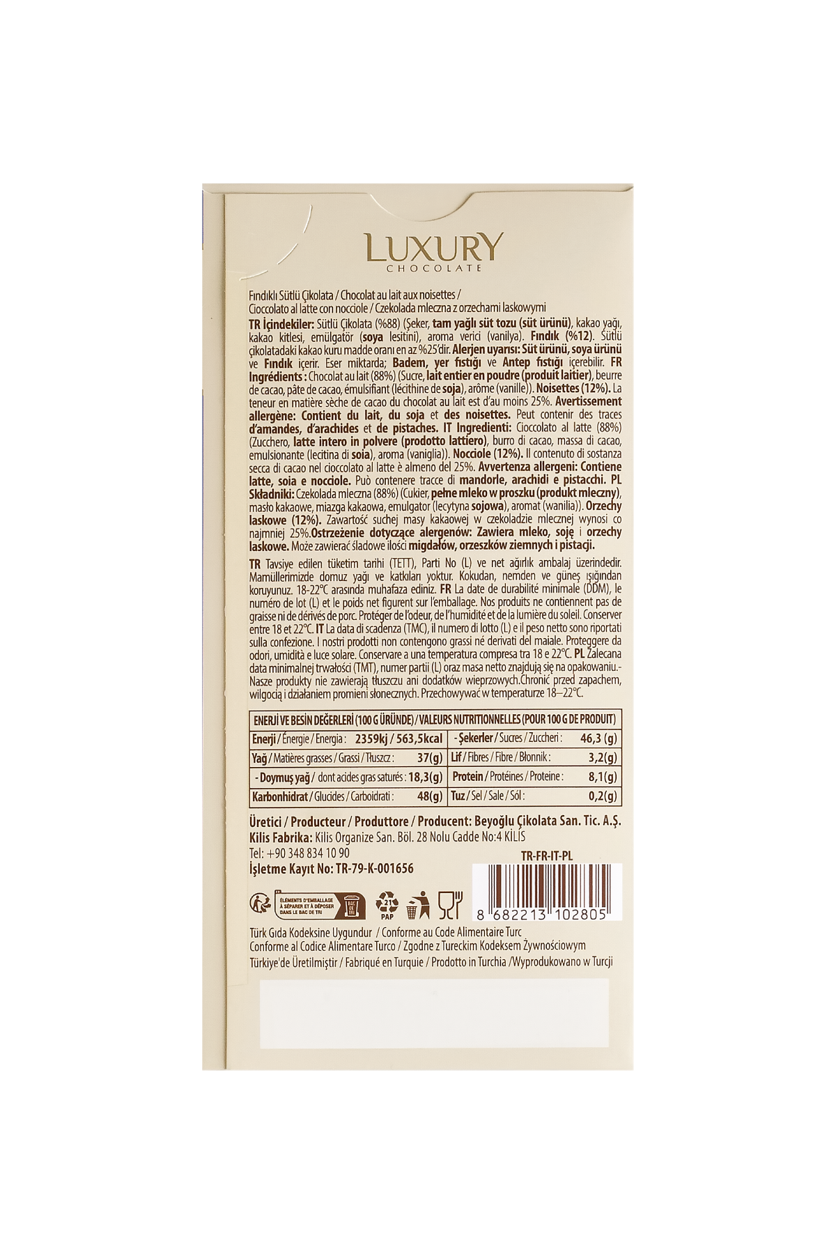 Beyoglu Luxury Hazelnut Tablet Chocolate brings together smooth milk chocolate and carefully selected hazelnuts for a rich, balanced flavor.