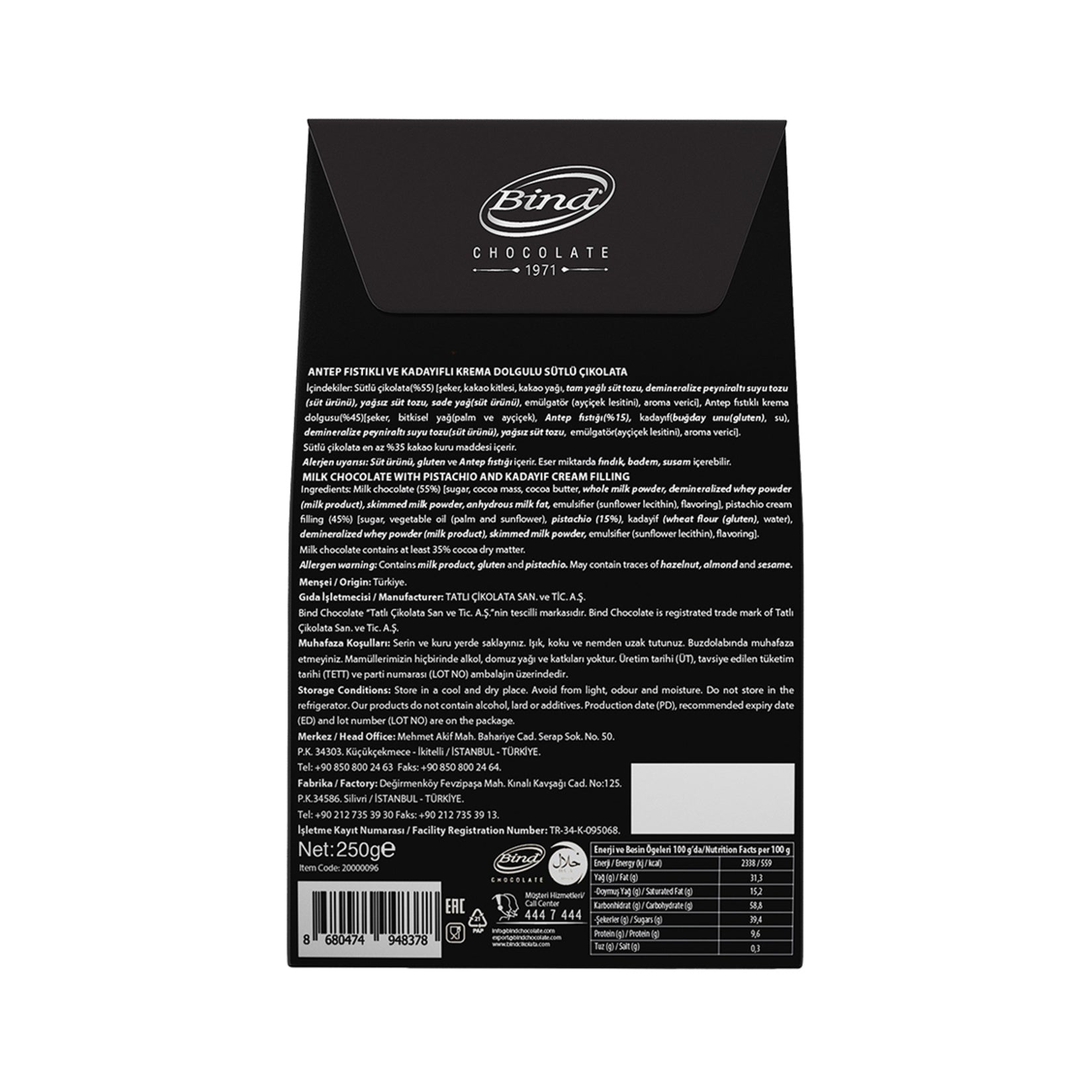Bind Antep Pistachio & Kadaif Cream Filled Milk Chocolate brings together the rich taste of smooth milk chocolate with a unique, creamy filling inspired by classic Turkish desserts.