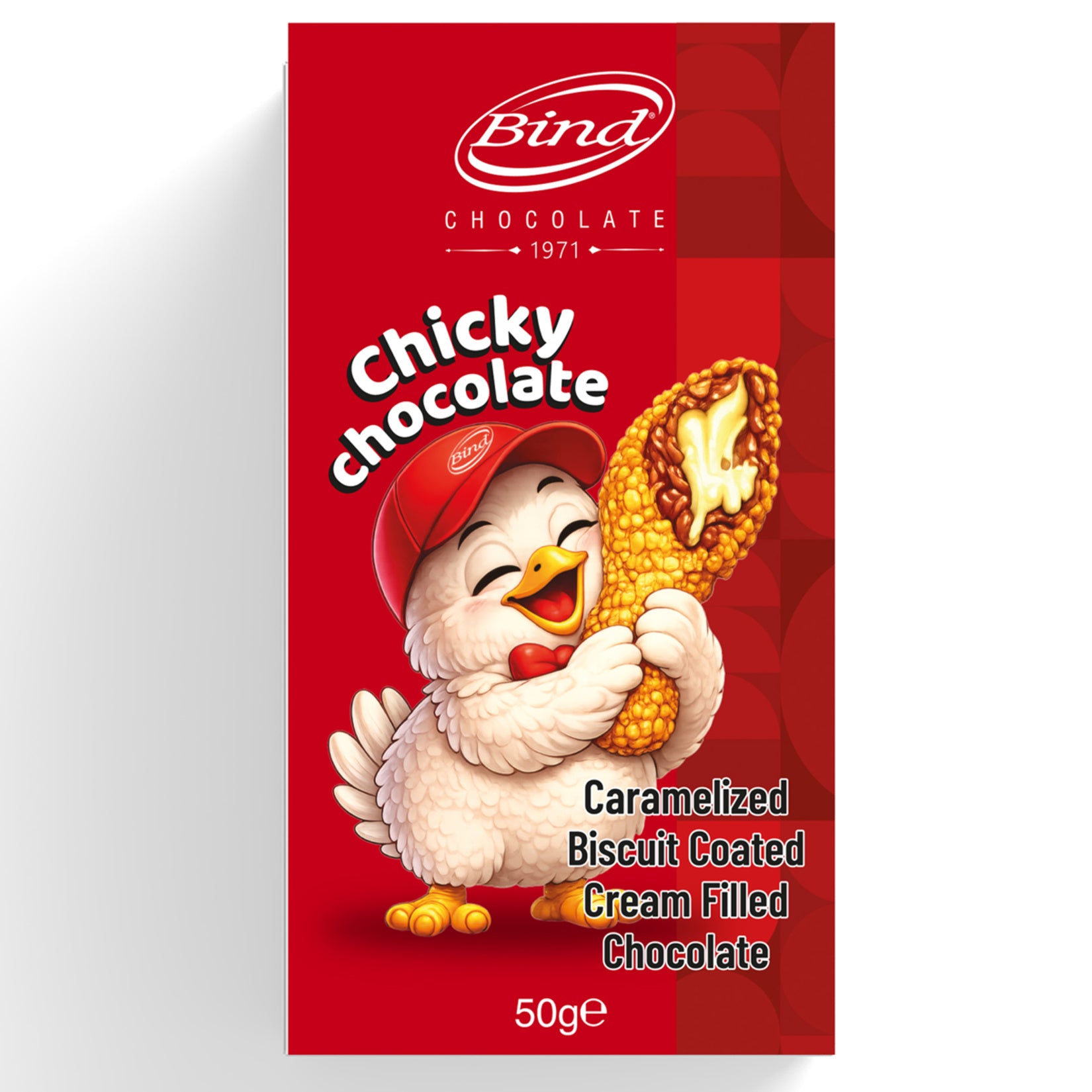 Bind Chicky Caramelized Biscuit Coated Filled Chocolate brings together smooth milk chocolate, creamy filling, white chocolate, and crunchy caramelized biscuit pieces in one perfectly portioned bar.