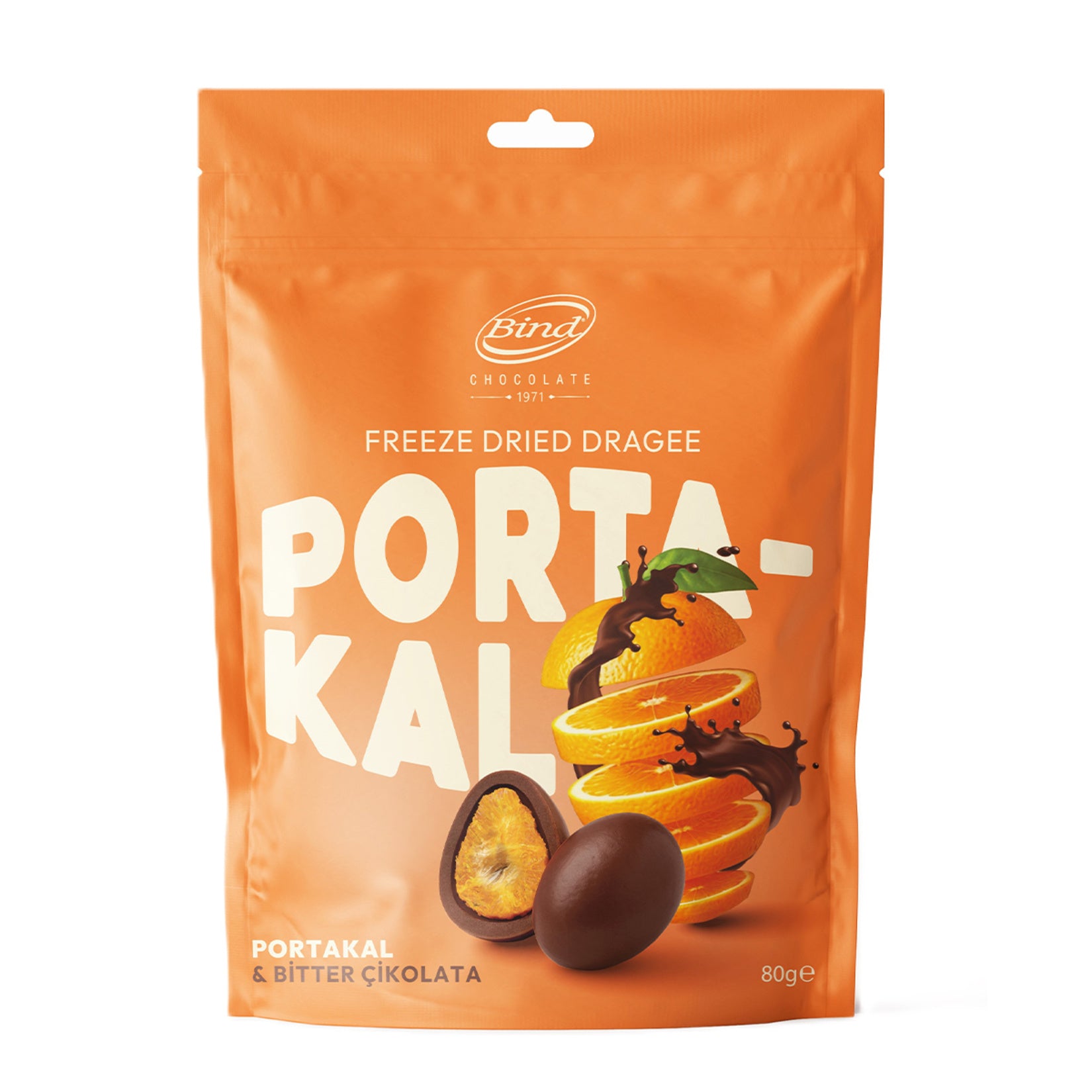 Experience the bold contrast of rich dark chocolate and bright citrus with Bind Dark Chocolate Coated Freeze-Dried Orange Dragee.