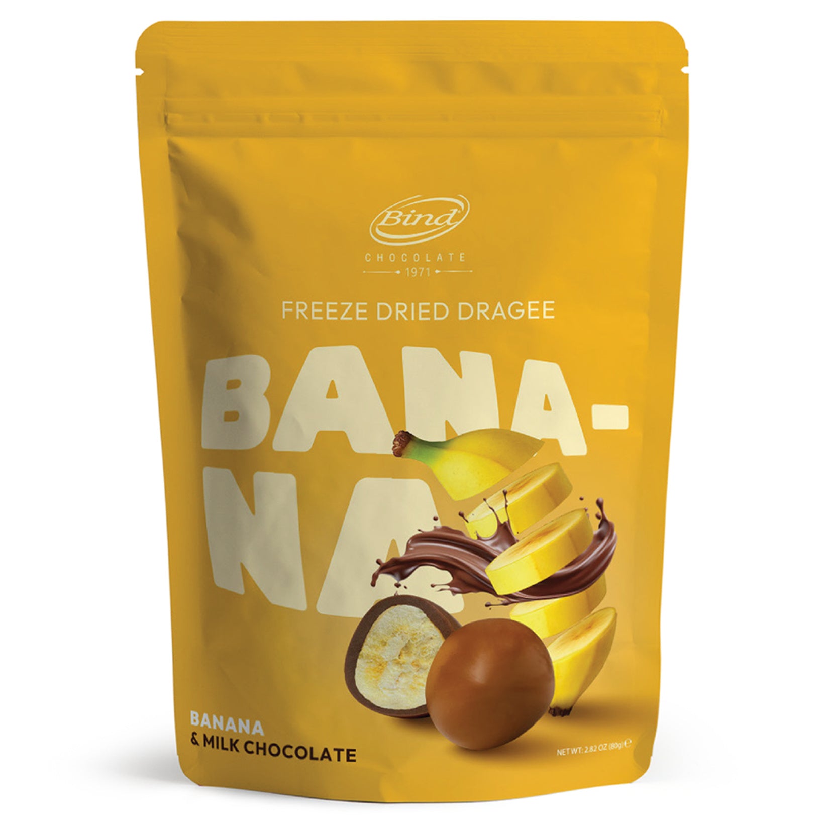 Bind Freeze Dried Dragee Banana & Milk Chocolate brings together the rich creaminess of milk chocolate and the natural sweetness of freeze-dried banana for a satisfying snack experience.