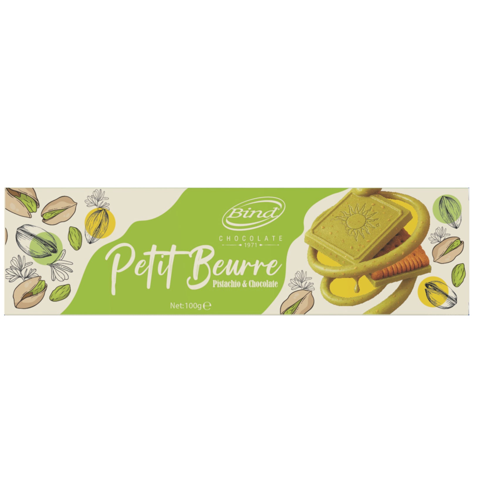 Bind Petit Beurre Pistachio Summer Biscuit brings together the crisp texture of classic petit beurre biscuits with a rich layer of pistachio chocolate.