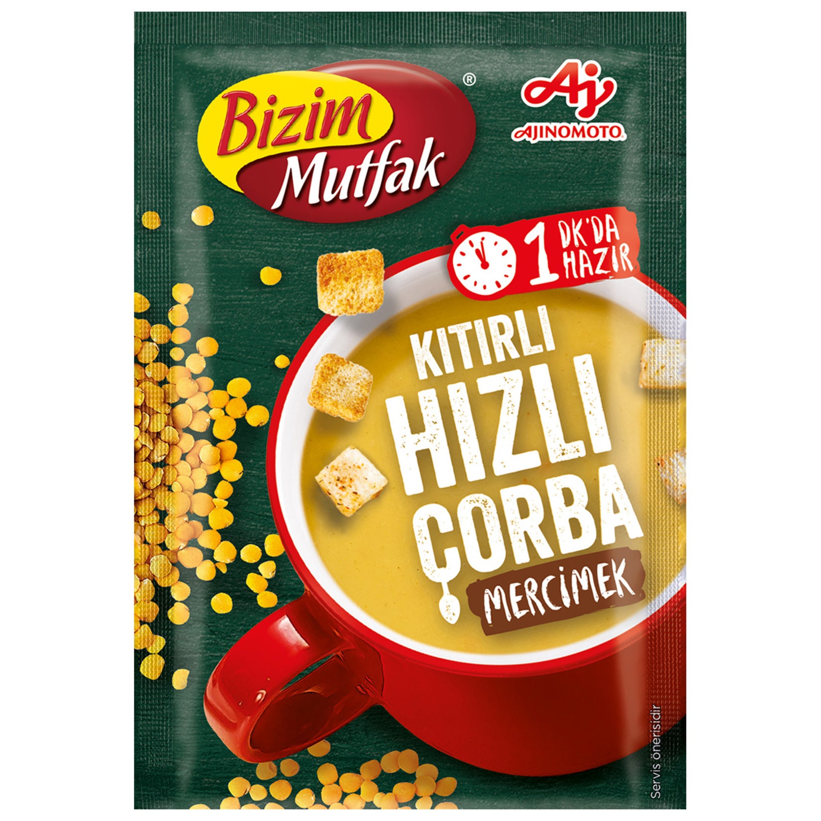 Bizim Kitirli Hizli Corba Lentil Soup is a convenient and flavorful instant soup made with yellow lentil flour and crunchy bread cubes.