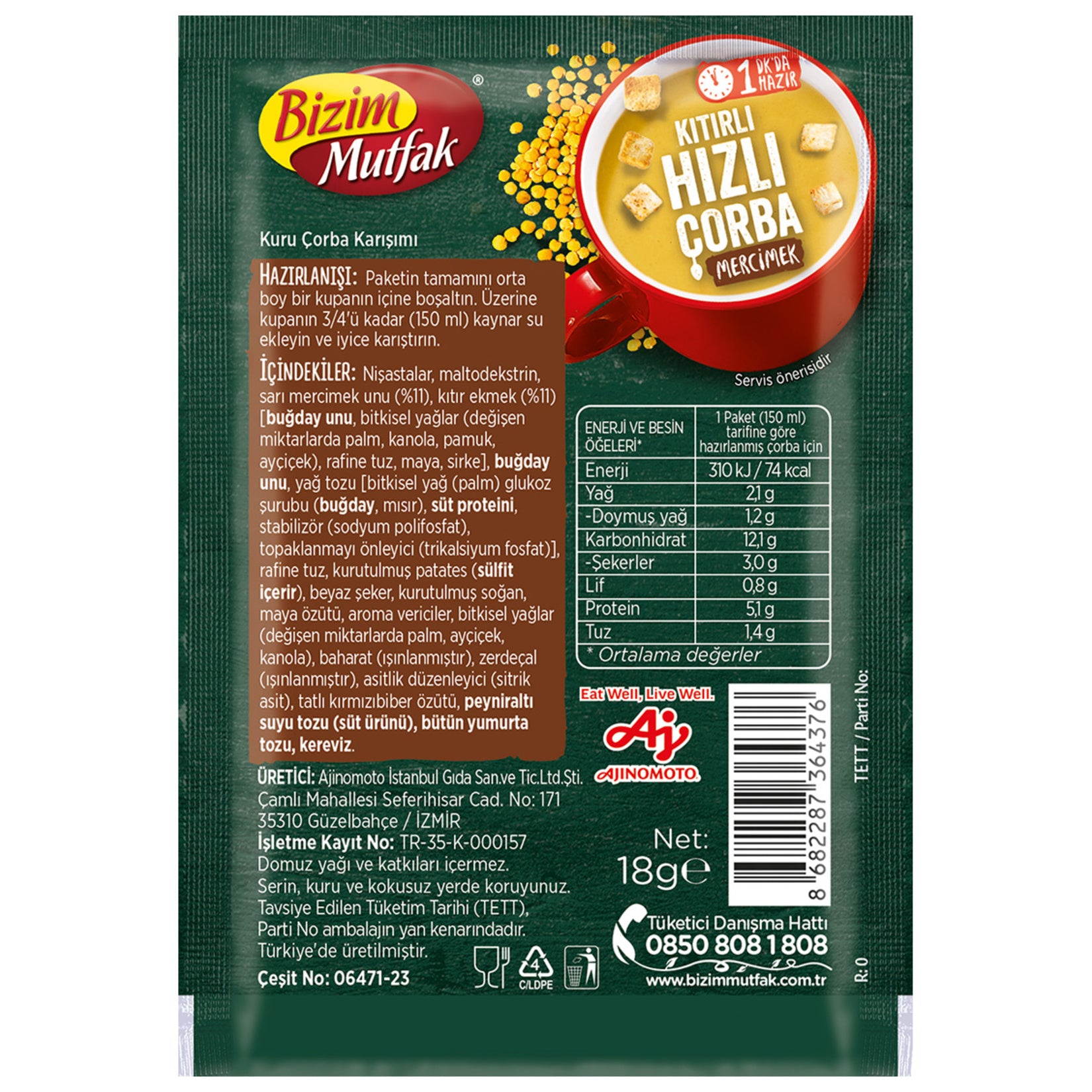 Bizim Kitirli Hizli Corba Lentil Soup is a convenient and flavorful instant soup made with yellow lentil flour and crunchy bread cubes.