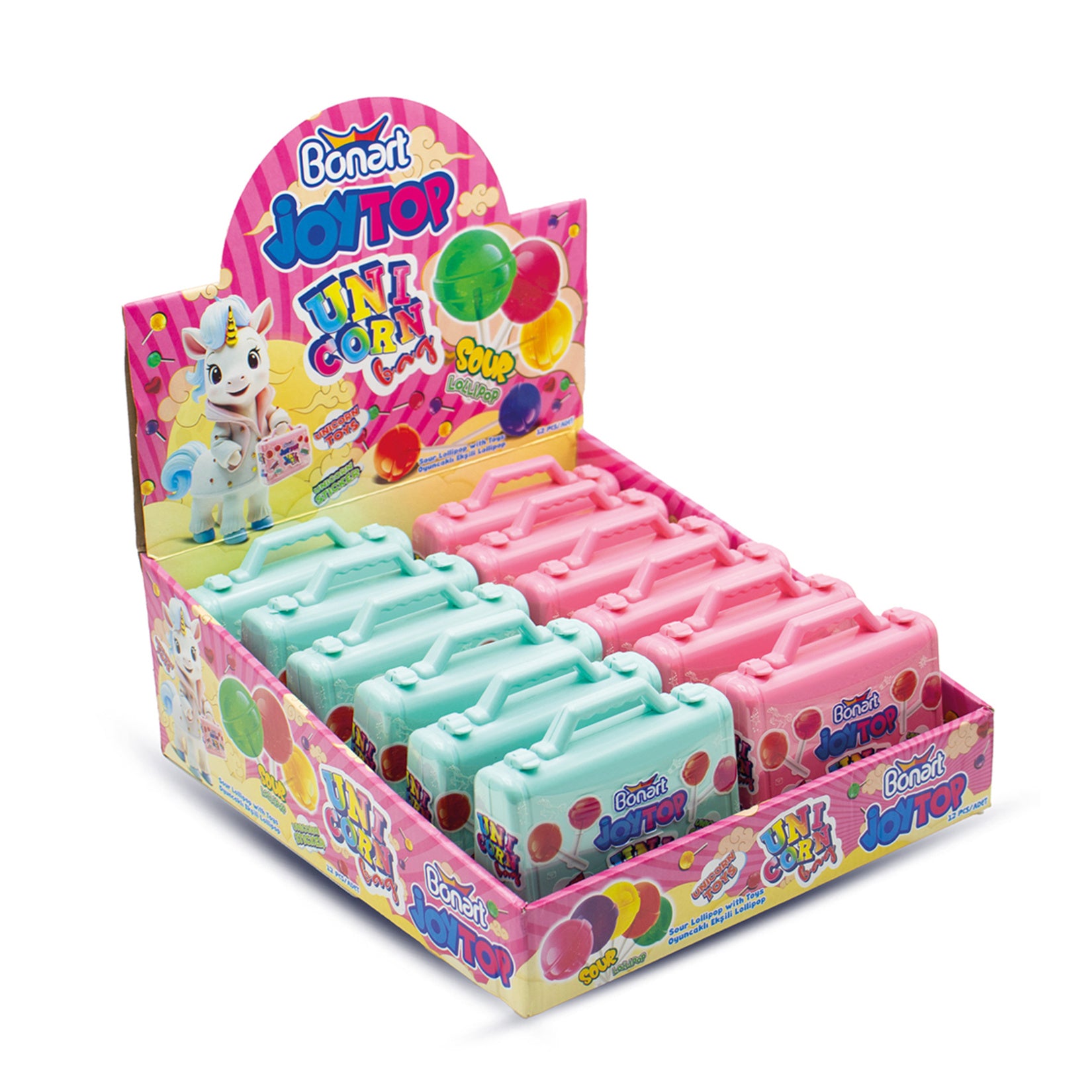 Bring colorful fun to any party or candy display with Bonart Joytop Unicorn Sour Lollipop.