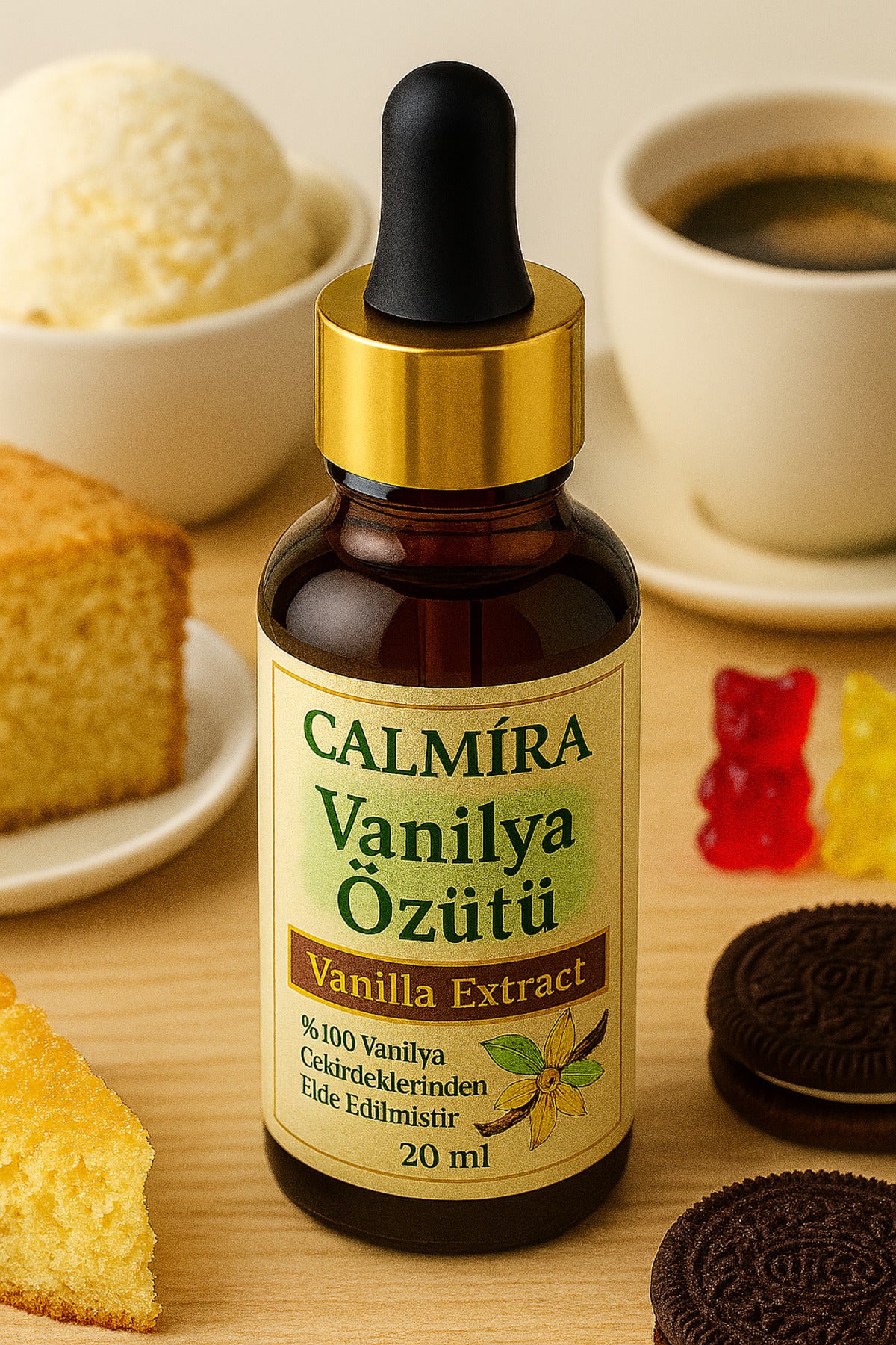 Calmira Vanilla Extract brings the rich, smooth aroma of real vanilla to your kitchen in a convenient 20 ml bottle.