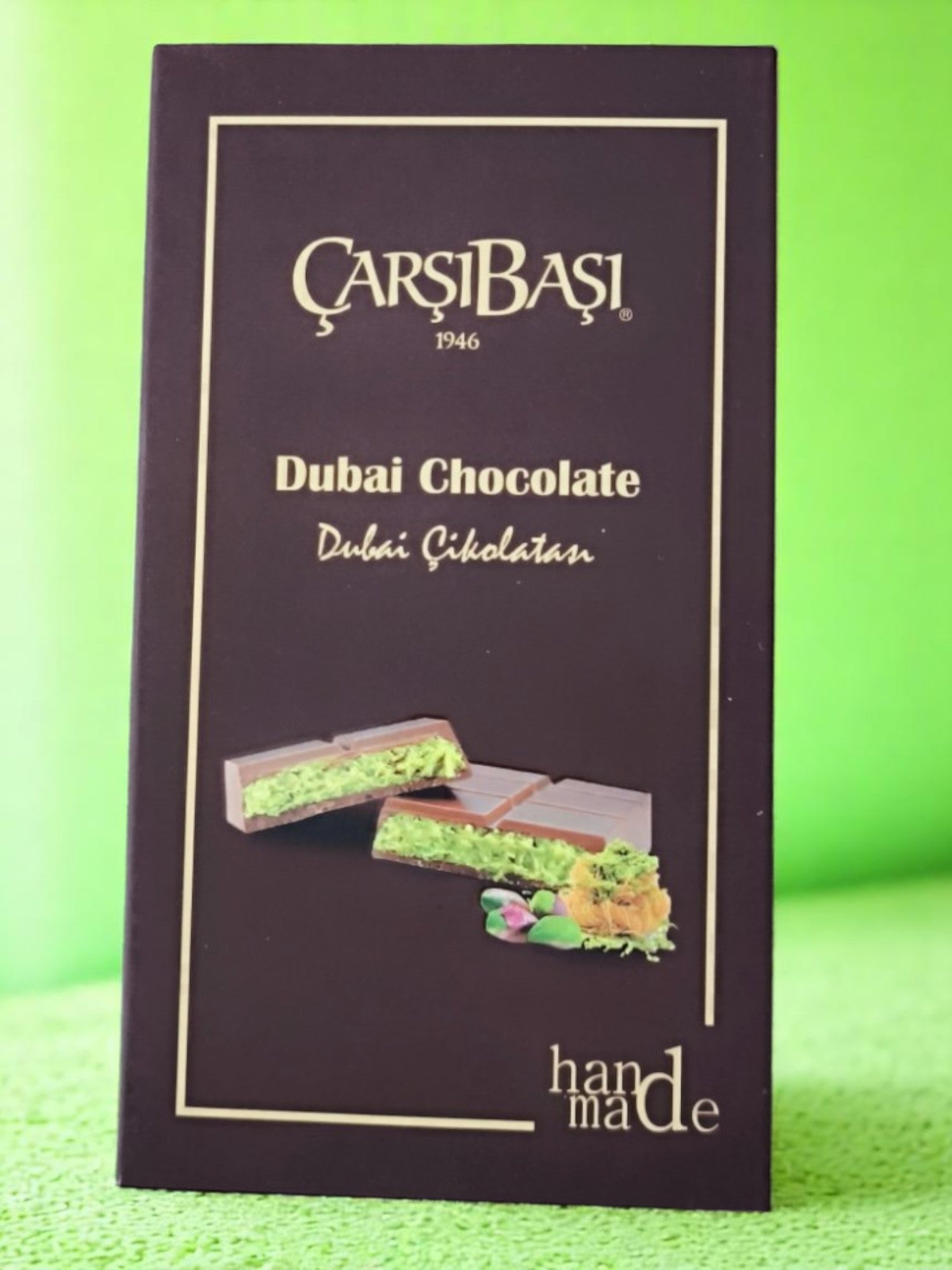 Angled view of Carsibasi Handmade Dubai Chocolate 95g showcasing elegant packaging design