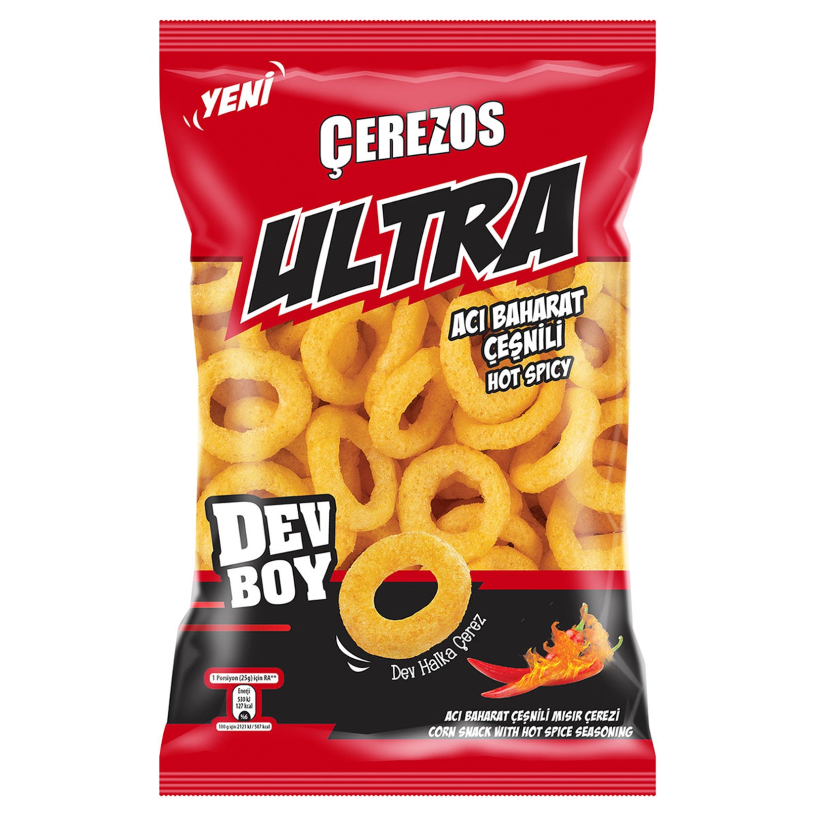 Cerezos Ultra Dev Boy Spicy Seasoned Corn Chips bring bold Turkish snack flavor to your table in a generous 150 g family-size pack.