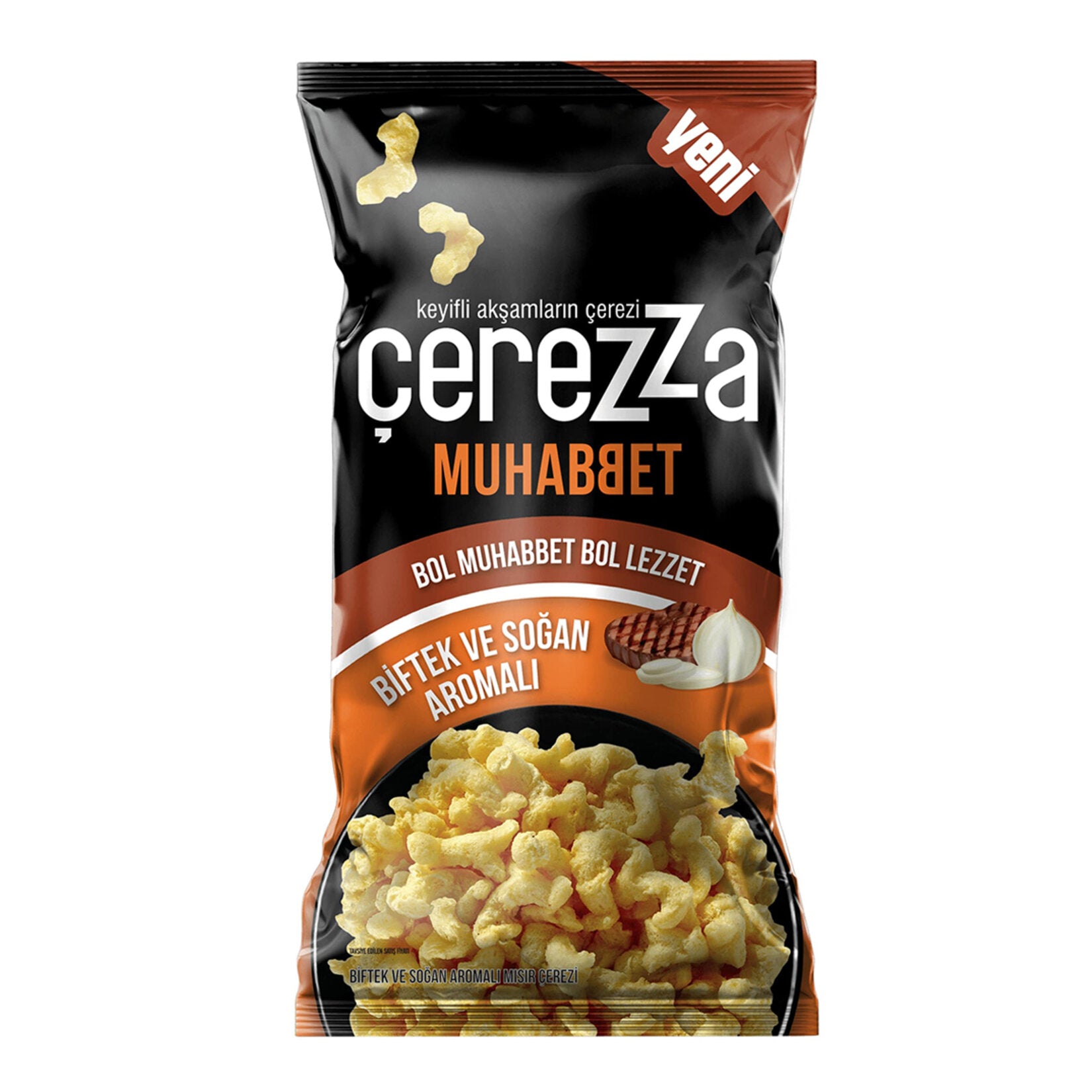 Enjoy the bold, savory taste of Cerezza Muhabbet Steak & Onion Flavored Corn Snack, a crunchy deligh
