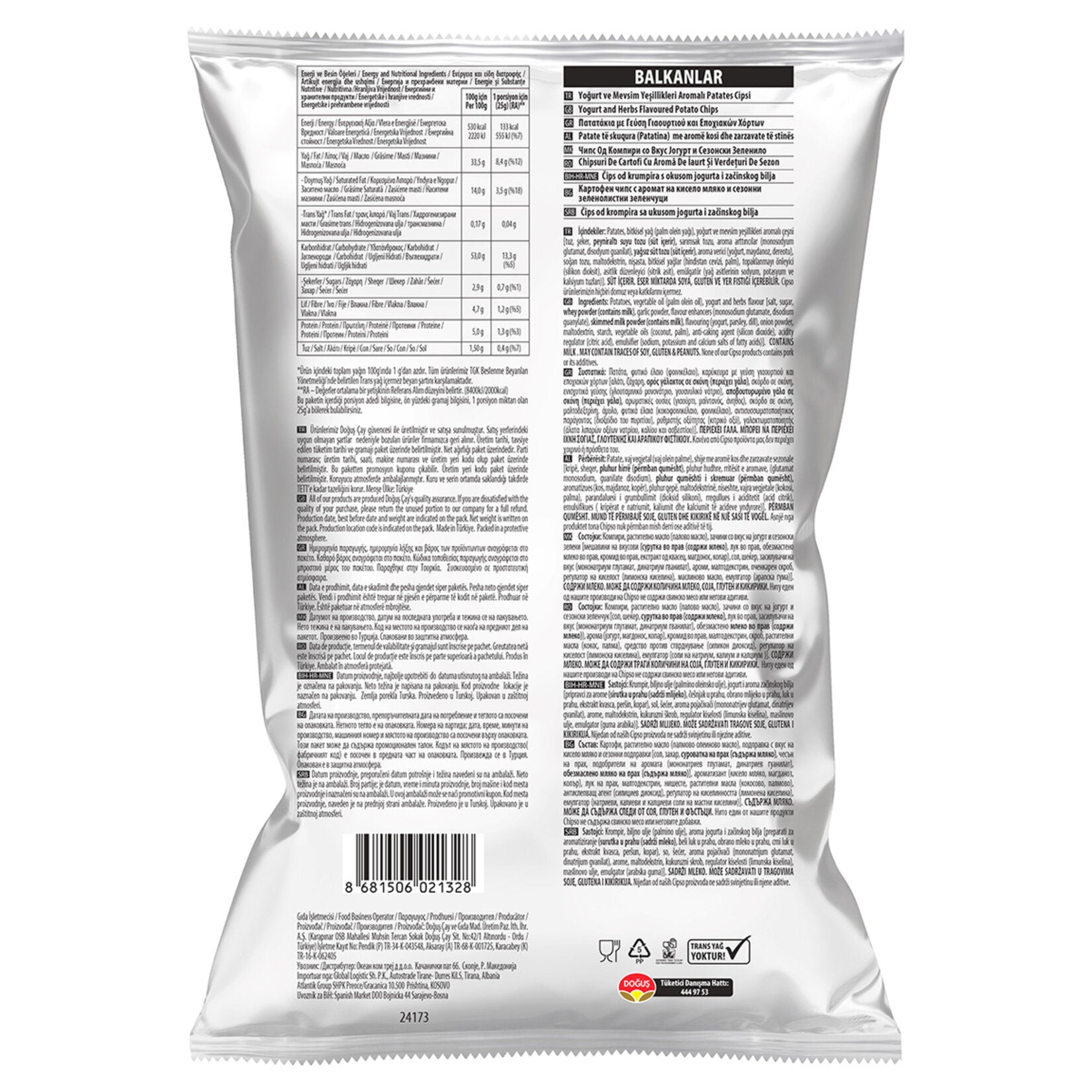 Cipso Yogurt & Seasonal Greens Flavored Potato Chips bring together the creamy tang of yogurt with the fresh taste of parsley and dill for a uniquely Turkish snacking experience.