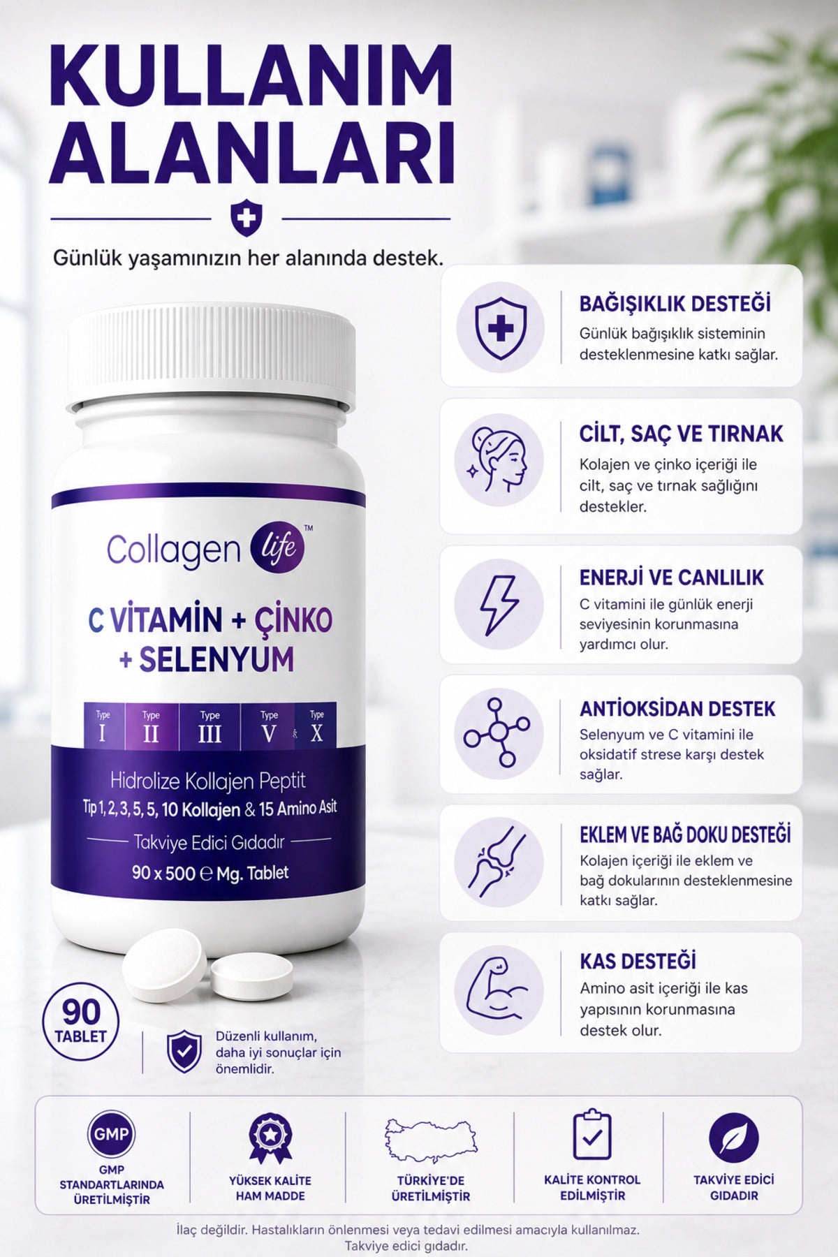 Collagen Life 5 Type Hydrolyzed Collagen is a comprehensive collagen complex formulated with Type I, II, III, V, and X Collagen, enriched with Vitamin C (Ascorbic Acid), Zinc, and Selenium.