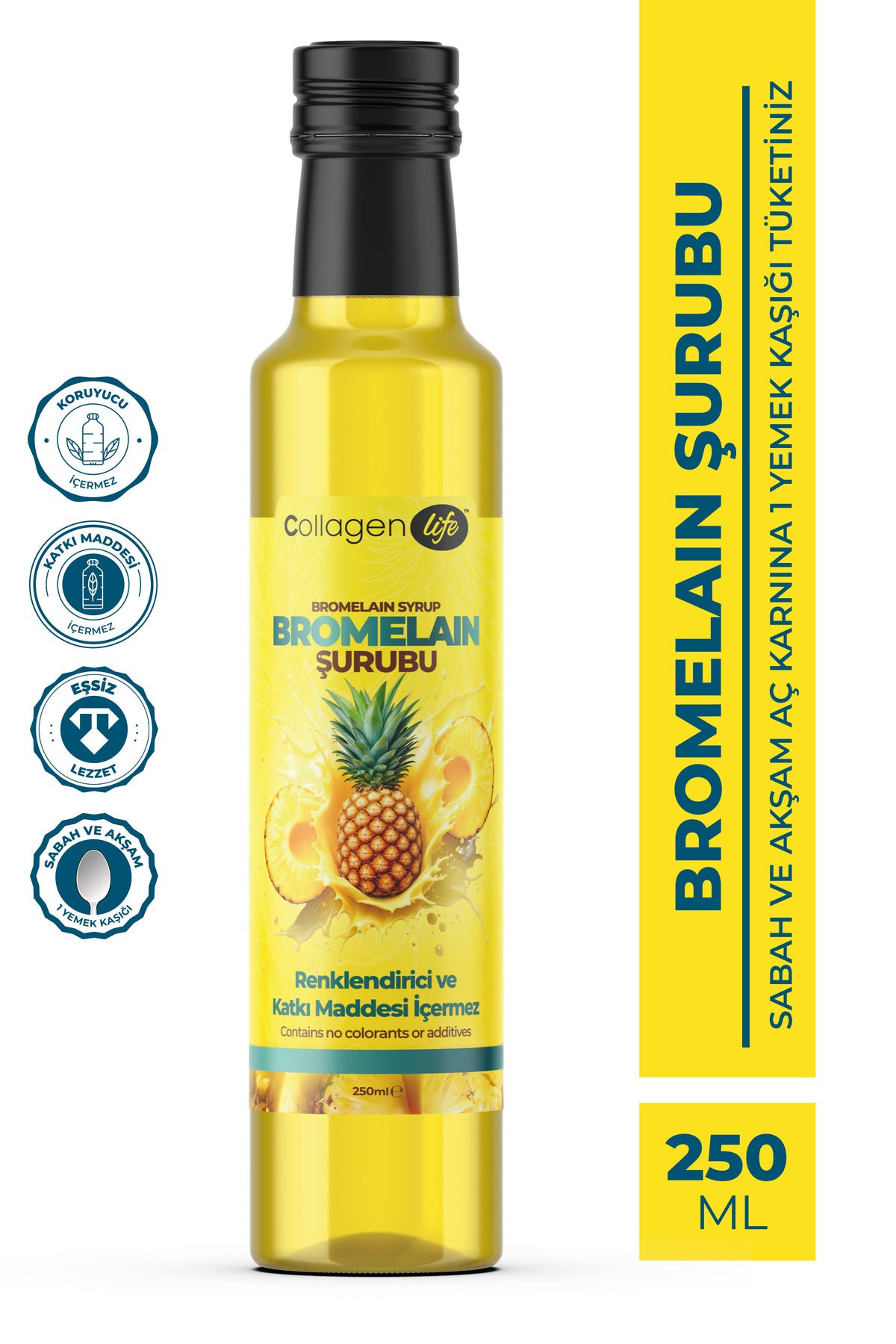 Collagen Life Bromelain Pineapple Syrup is a liquid dietary supplement formulated with Bromelain (from pineapple extract), enriched with Mate Leaf Extract and natural pineapple flavor.