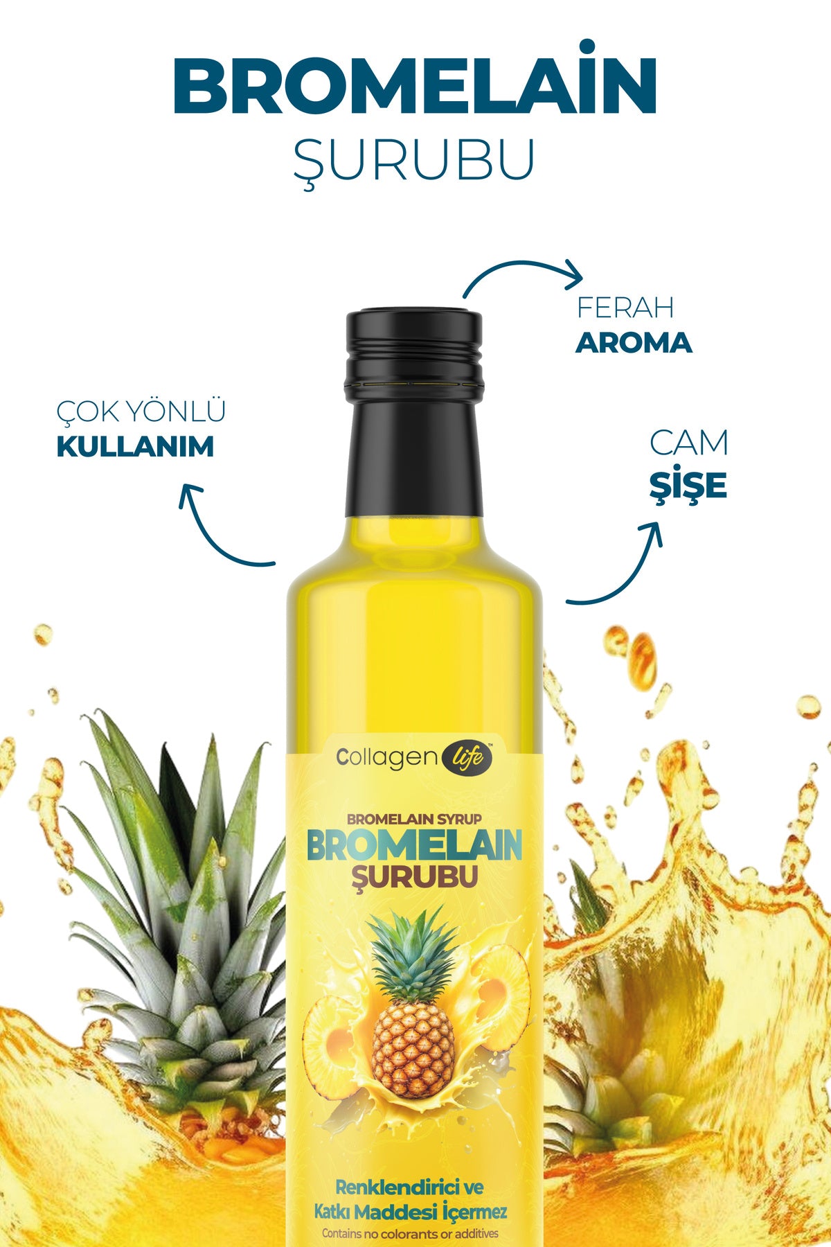 Collagen Life Bromelain Pineapple Syrup is a liquid dietary supplement formulated with Bromelain (from pineapple extract), enriched with Mate Leaf Extract and natural pineapple flavor.