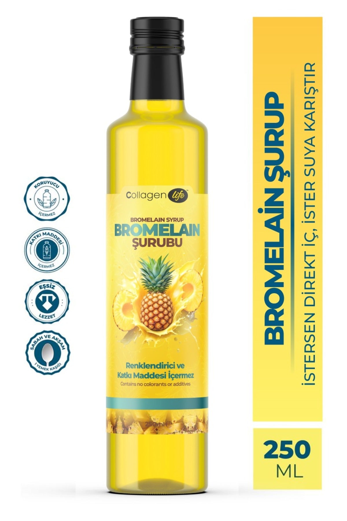 Collagen Life Bromelain Pineapple Syrup is a liquid dietary supplement formulated with Bromelain (from pineapple extract), enriched with Mate Leaf Extract and natural pineapple flavor.