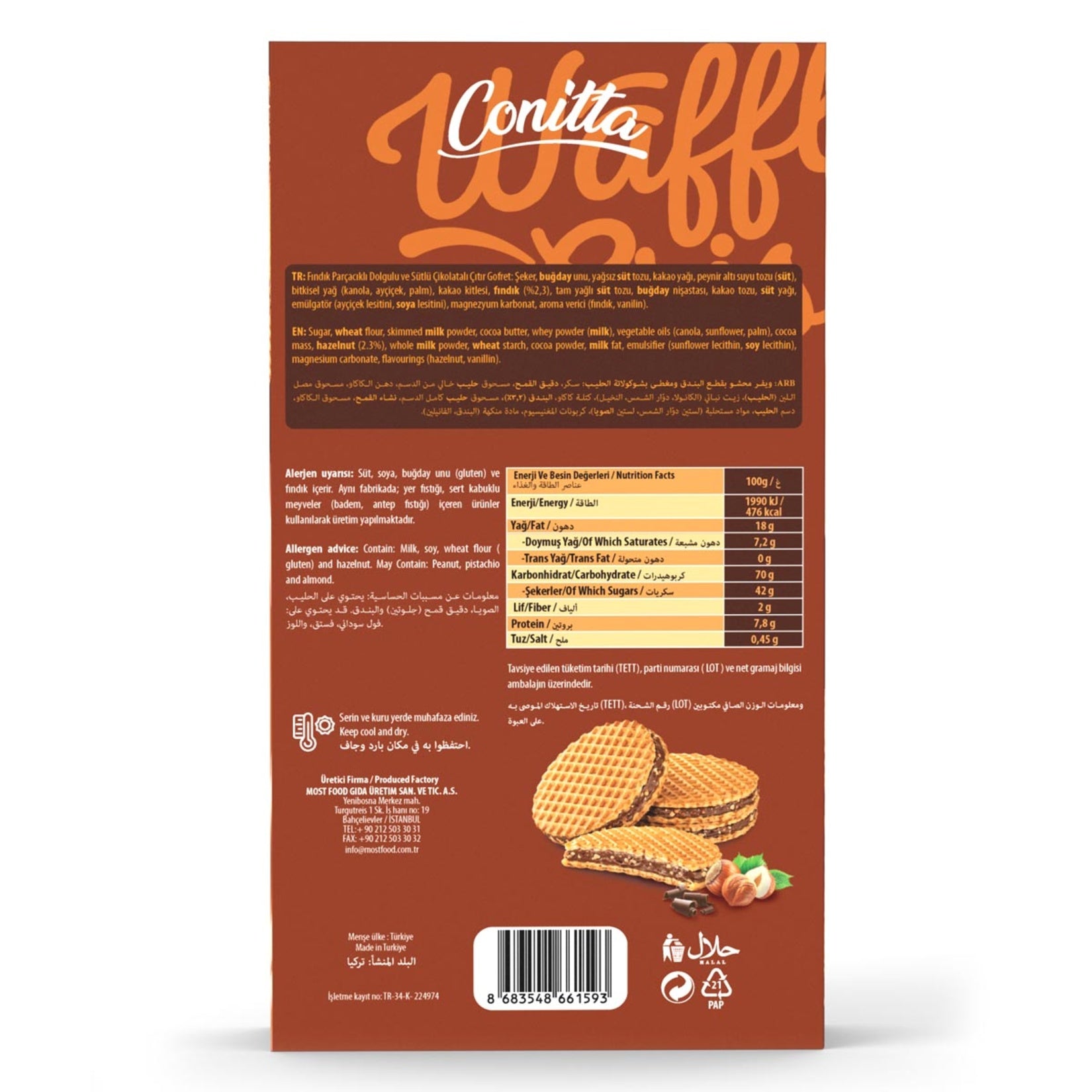 Conitta Waffle Crisps Hazelnut bring together light, crispy wafer layers and a smooth hazelnut-flavored cocoa cream for a perfectly balanced sweet snack.