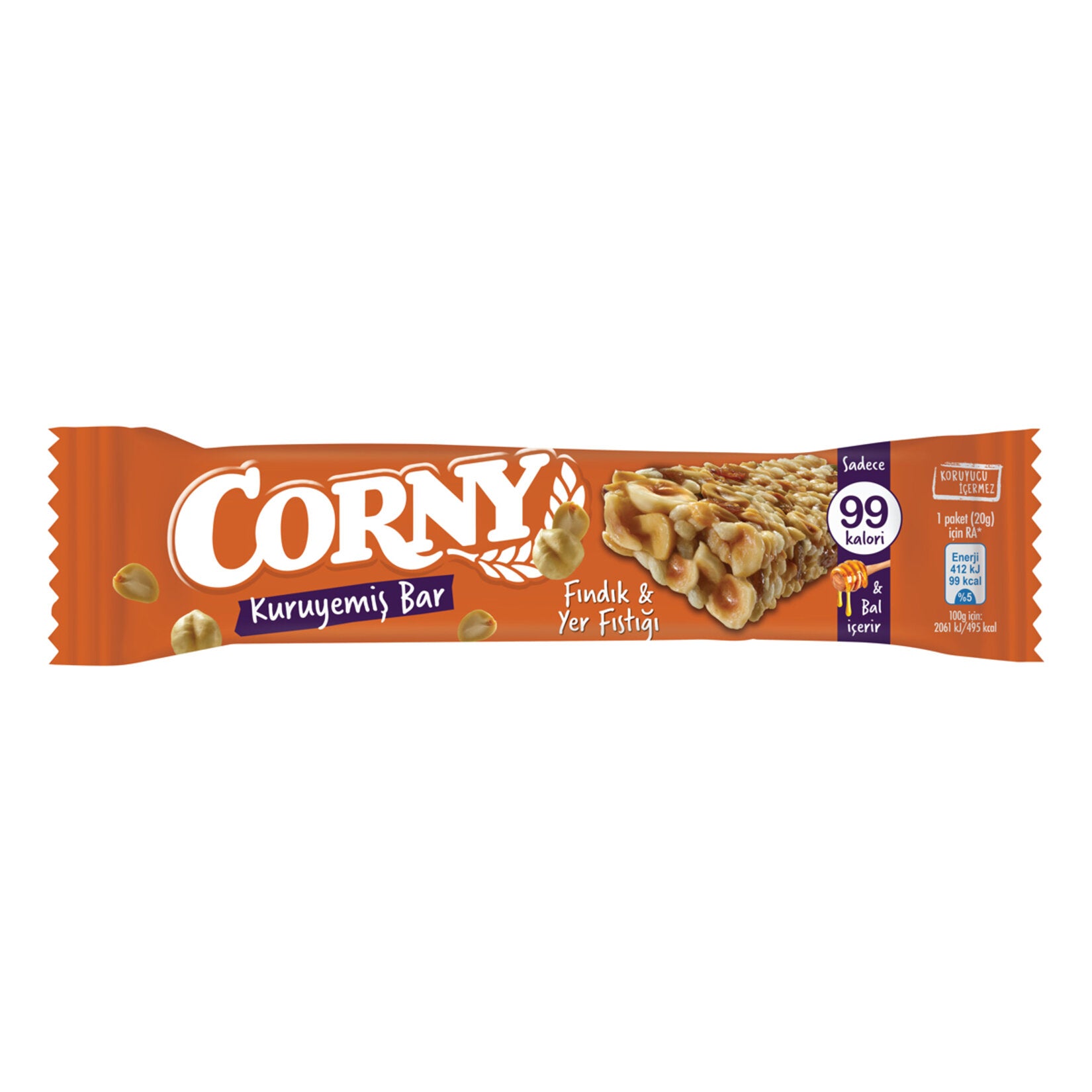 Corny Peanut Hazelnut Snack Bar is a delicious and satisfying cereal bar packed with 40% peanuts, sweet raisins, crunchy puffed rice, and 6% hazelnuts.